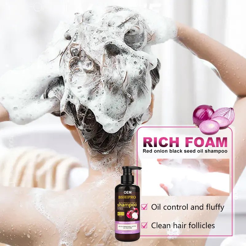 BSHIPRO Herbal Extract Red Onion Black Seed Oil Shampoo with Ginger For Gently Cleans Dandruff Hair Growth