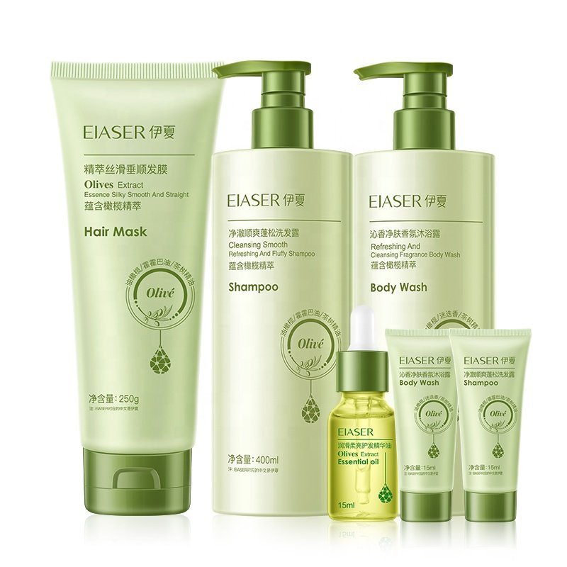 OEM Personal Care Bath Set 6pc for Women Olive Jojoba Argan Oil Hair Care Kit with Travel Size Shower Gel Shampoo Hair Mask