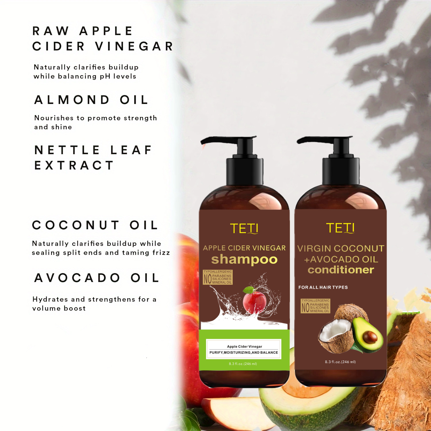 246ML Apple cider Vinegar Shampoo and Conditioner Set with Coconut and Avocado Oil - Gentle shampoo Set for men and women