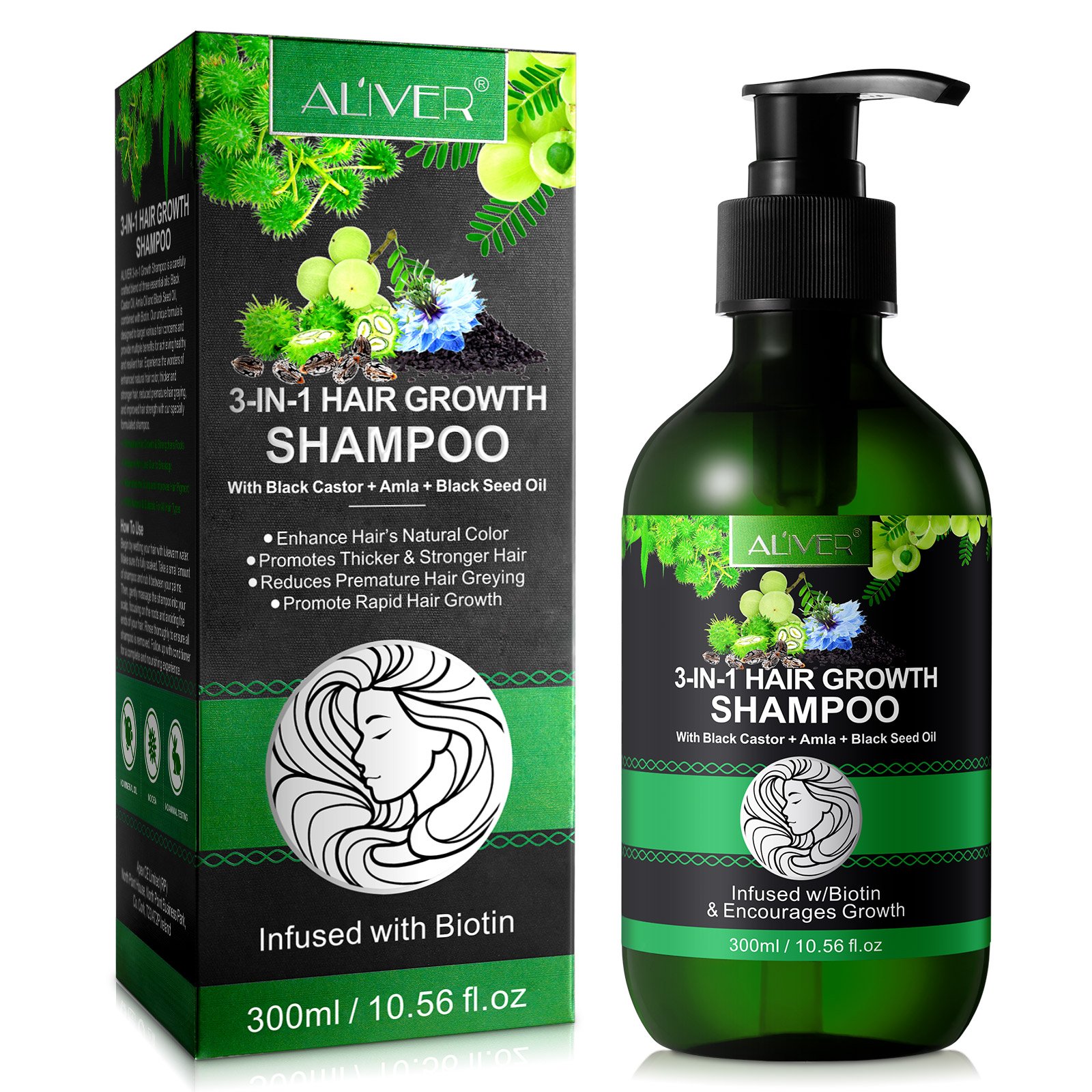 ALIVER private label enhance natural color 300ml hair loss biotin hair growth jamaican black castor amla black seed oil shampoo