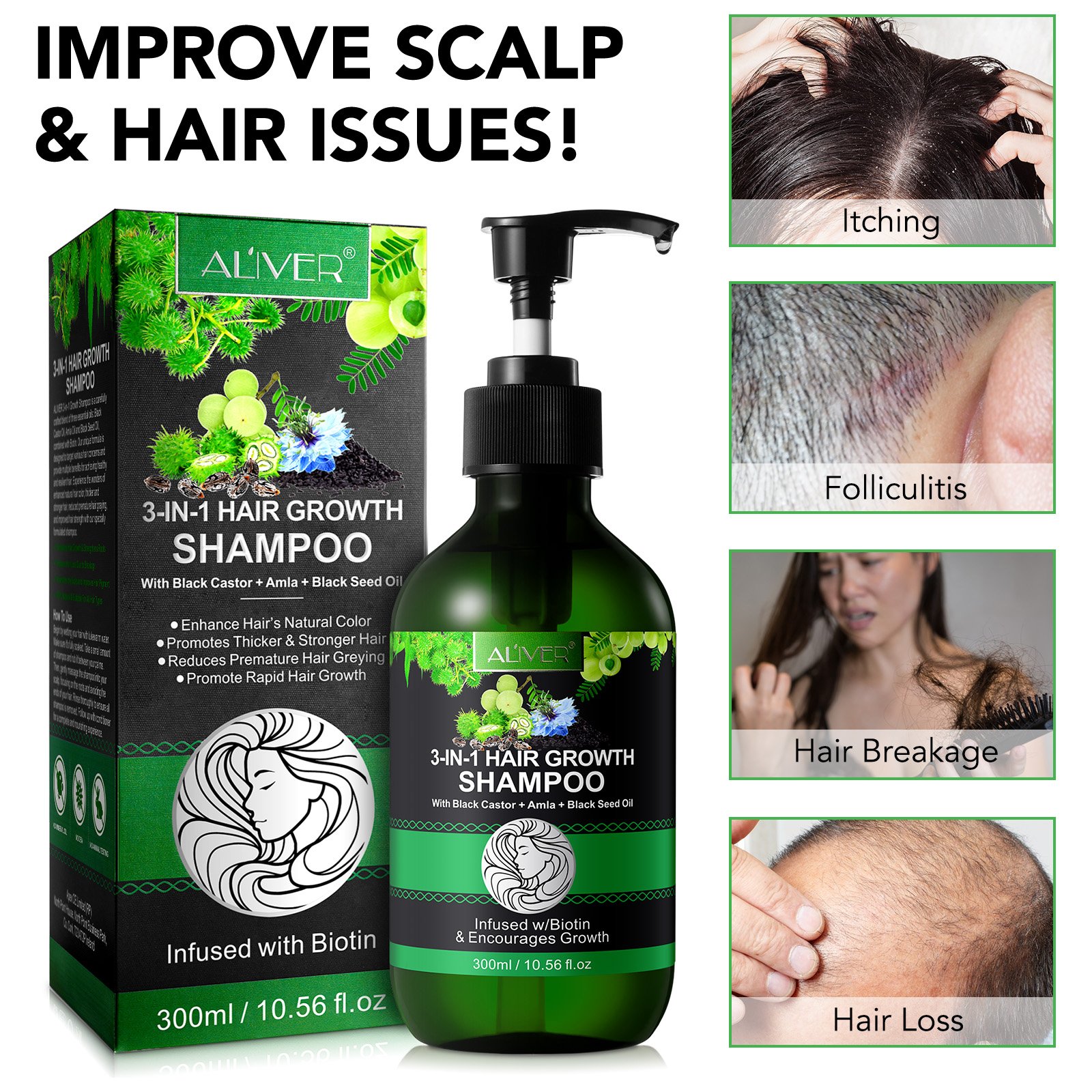ALIVER private label enhance natural color 300ml hair loss biotin hair growth jamaican black castor amla black seed oil shampoo