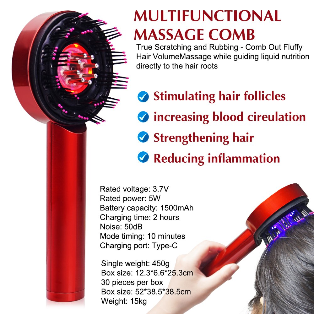 3 In 1 Multi Functional Red Blue Light Hair Comb Massager Ems Oil Applicator Scalp Massager Brush For Hair Growth