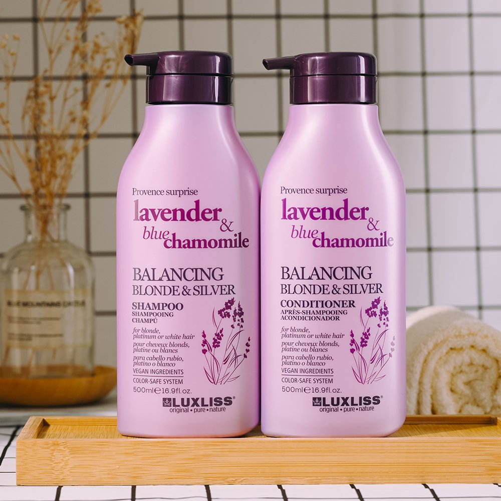 LUXLISS Wholesale Anti Yellow Shampoo for Blonde Platinum White Hair Lavender & Blue Chamomile Balancing Shampoo & conditioner