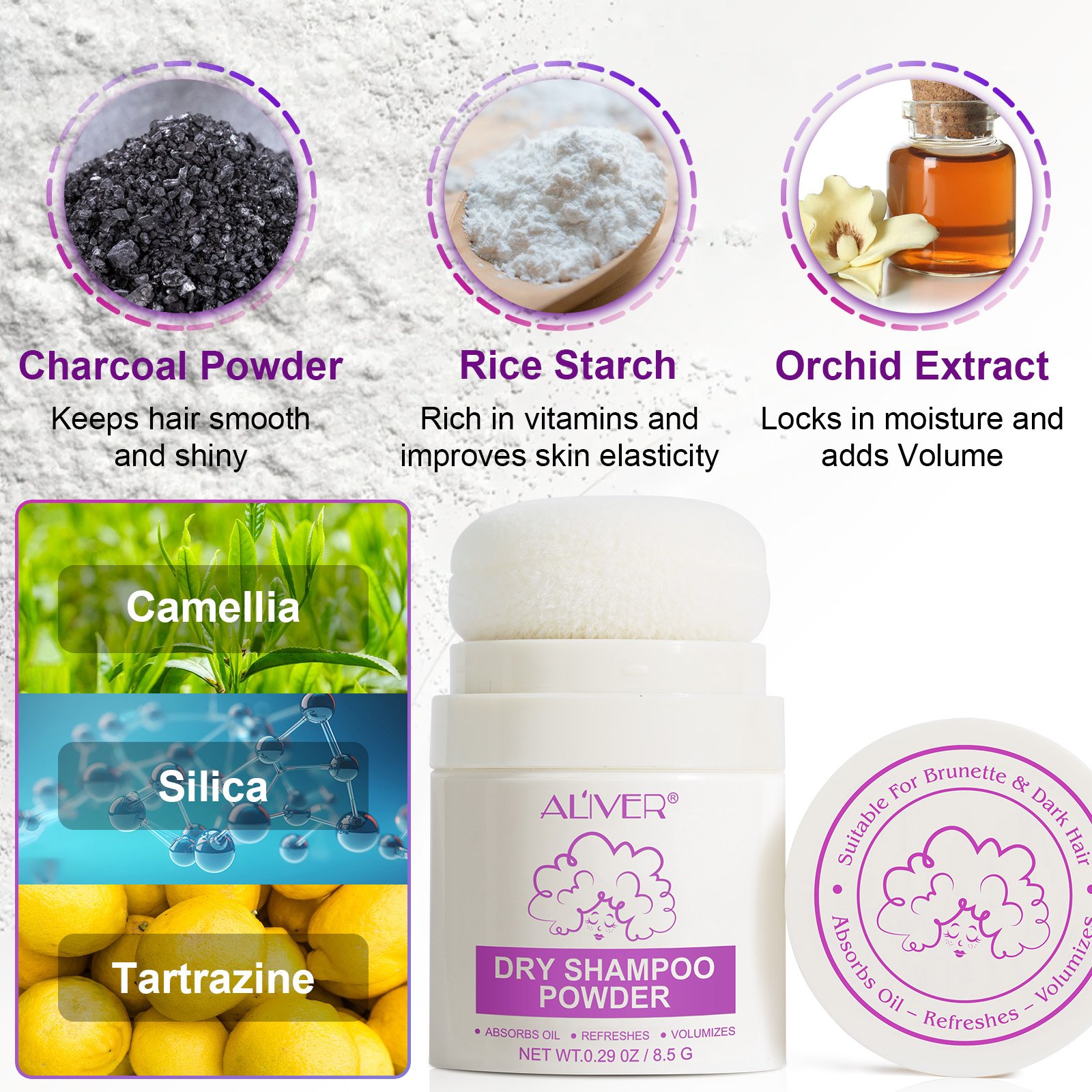 ALIVER absorbs oil refreshes 8.5g private label powdered dry shampoo manufacturers dry shampoo powder eco friendly