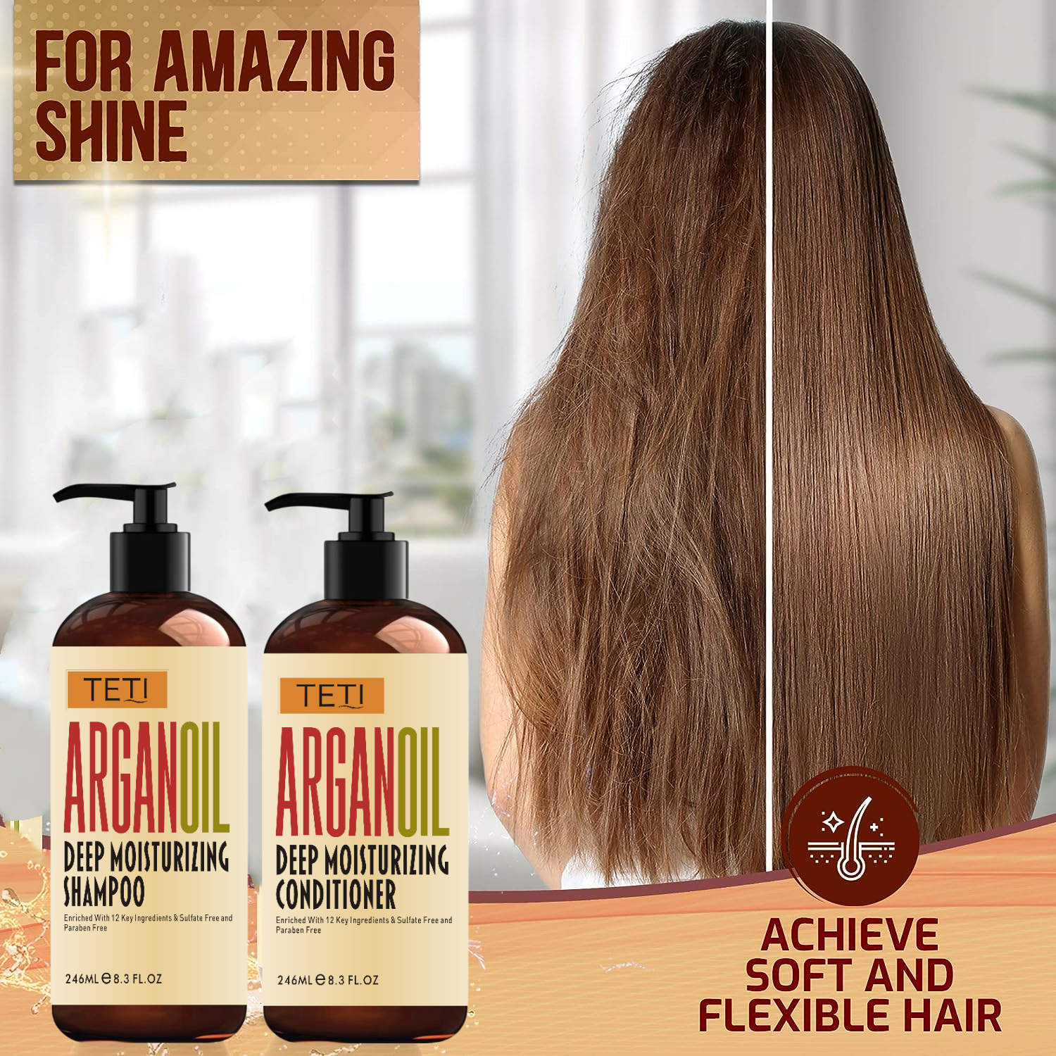 246ML Argan Oil Shampoo and Conditioner Set - Keratin Containing Moisturizing Sulfate Free Moro Treatment - for frizzy