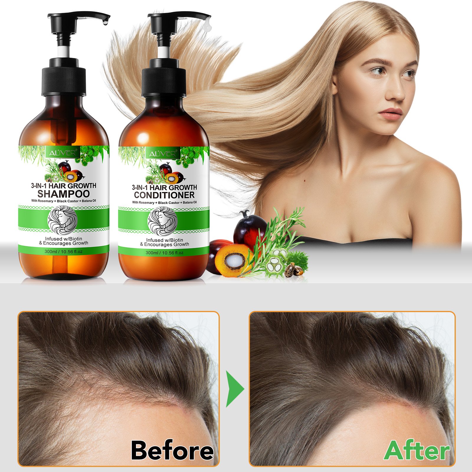 Natural 3 in 1 Hair Growth Strengthening Rosemary Shampoo and Conditioner with Black Castor Batana Oil for All Hair Type