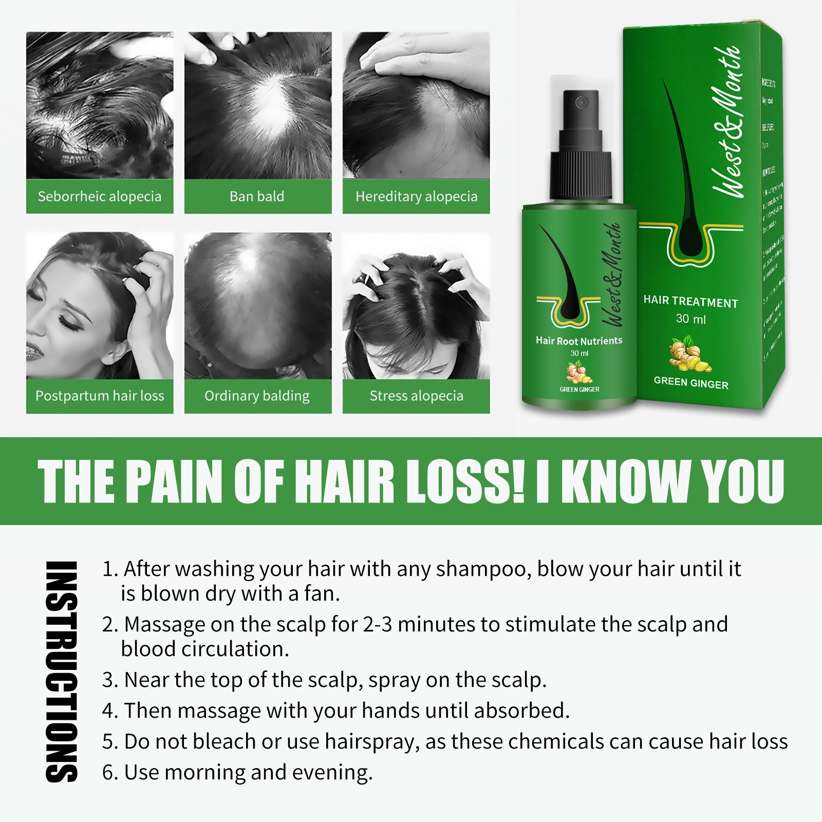 organic man Women hair care herbal regrowth anti loss Gingseng biotin Hair Growth Oil green Ginger hair root nutrients Spray