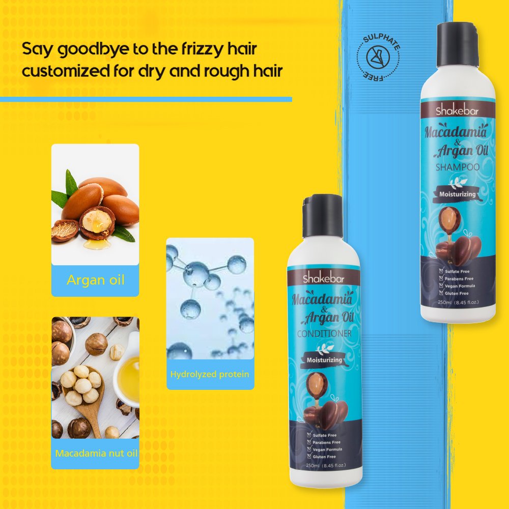 SHAKEBAR Private Label Non Sulfate Luxury Moisturizing Macadamia Argan Oil Scalp Activating Curly Hair Shampoo and Conditioner