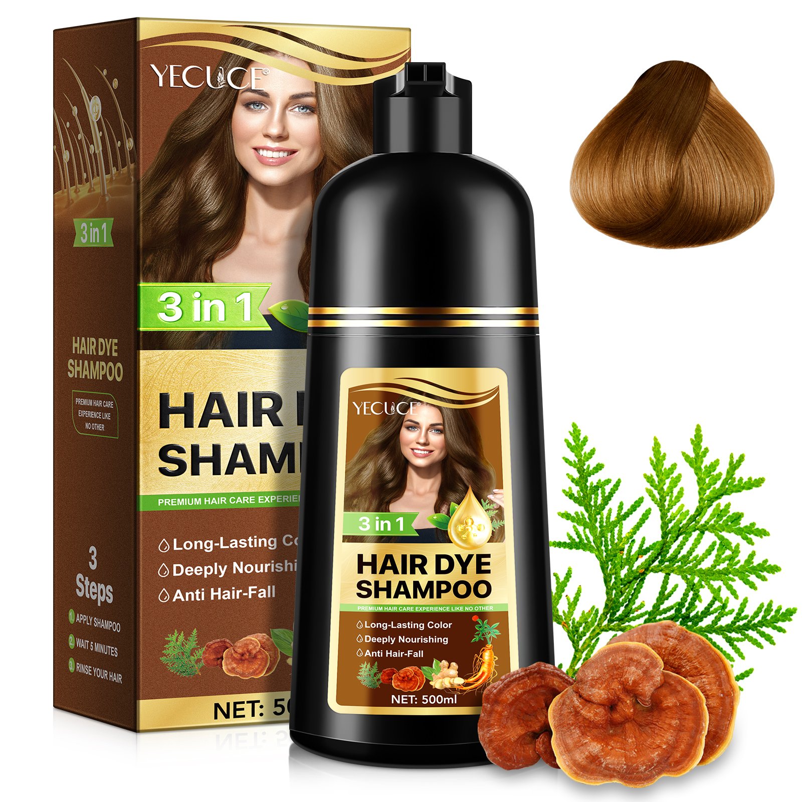 YECUCE coffee improve scalp blood circulation health shampoo hair dyes anti hair loss ginseng ginger 3 in 1 hair dye shampoo