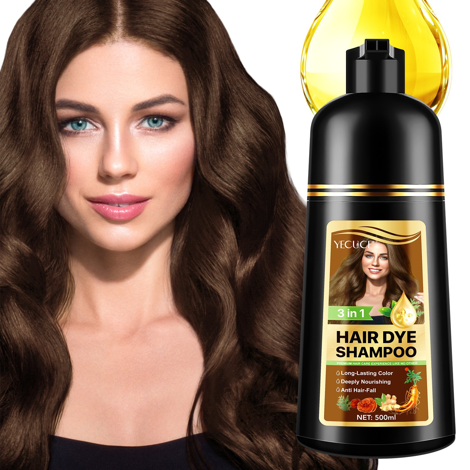 YECUCE coffee improve scalp blood circulation health shampoo hair dyes anti hair loss ginseng ginger 3 in 1 hair dye shampoo