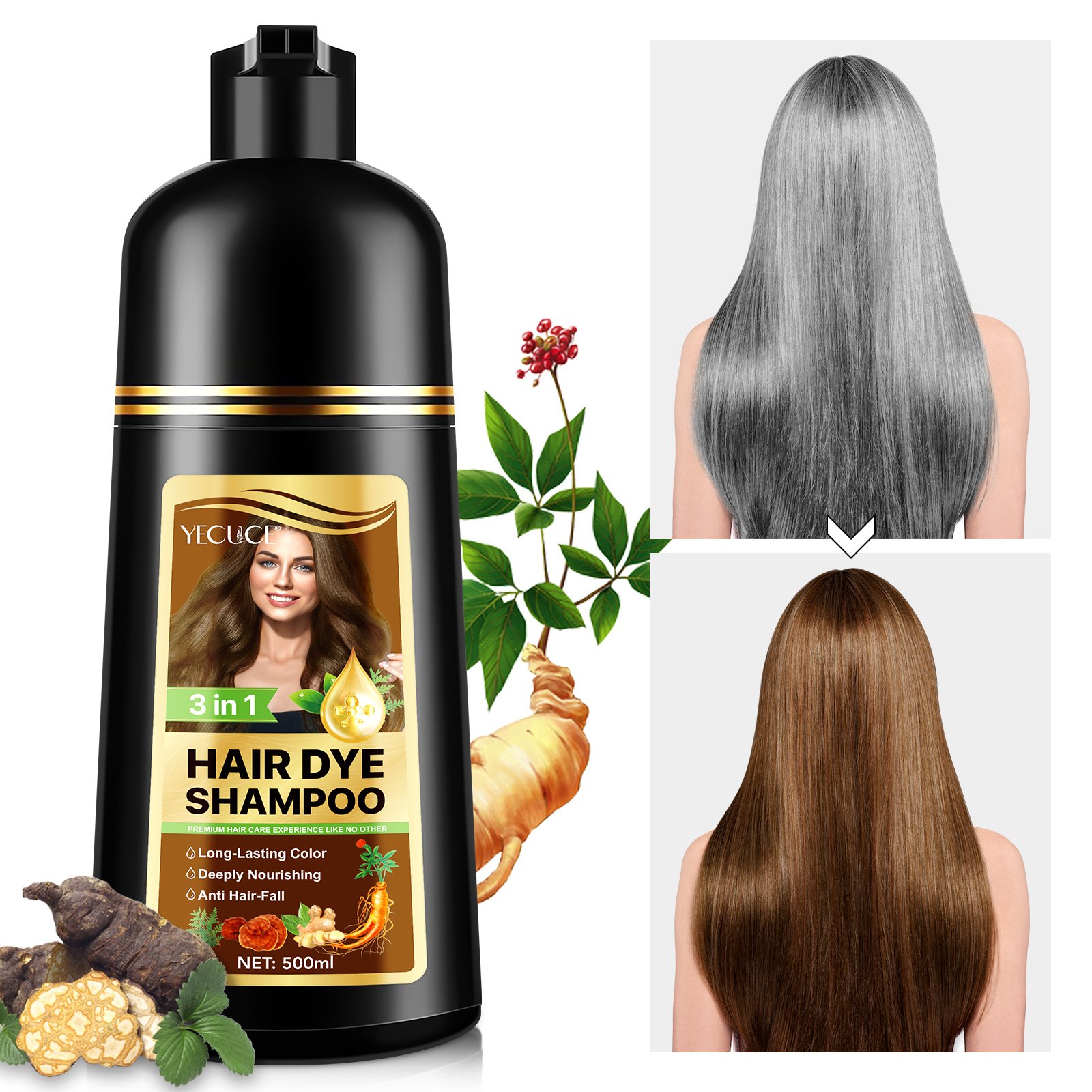YECUCE coffee improve scalp blood circulation health shampoo hair dyes anti hair loss ginseng ginger 3 in 1 hair dye shampoo