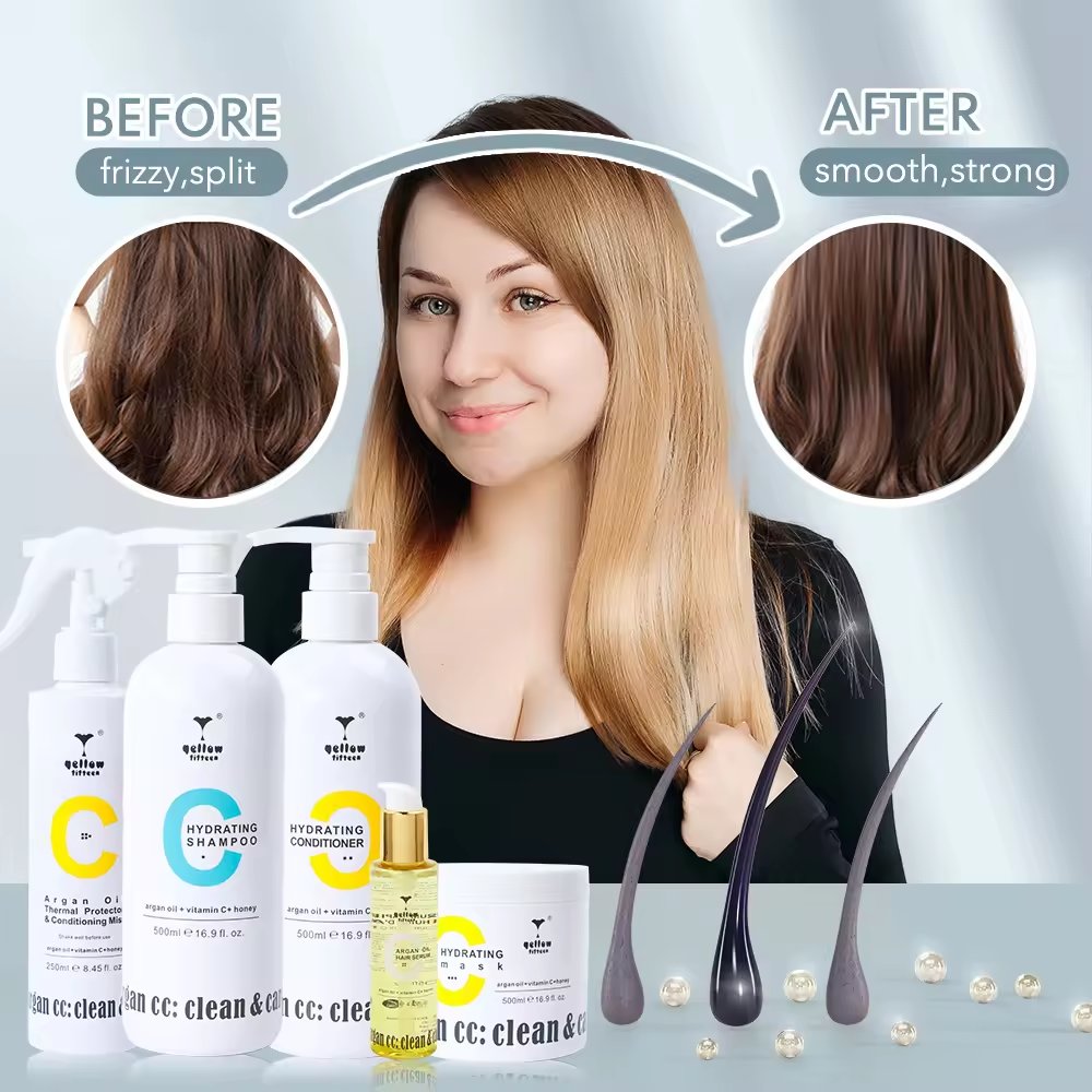 Private Label silk smoothing argan oil Vitamin shampoo and conditioner oem natural hair care set European Standard