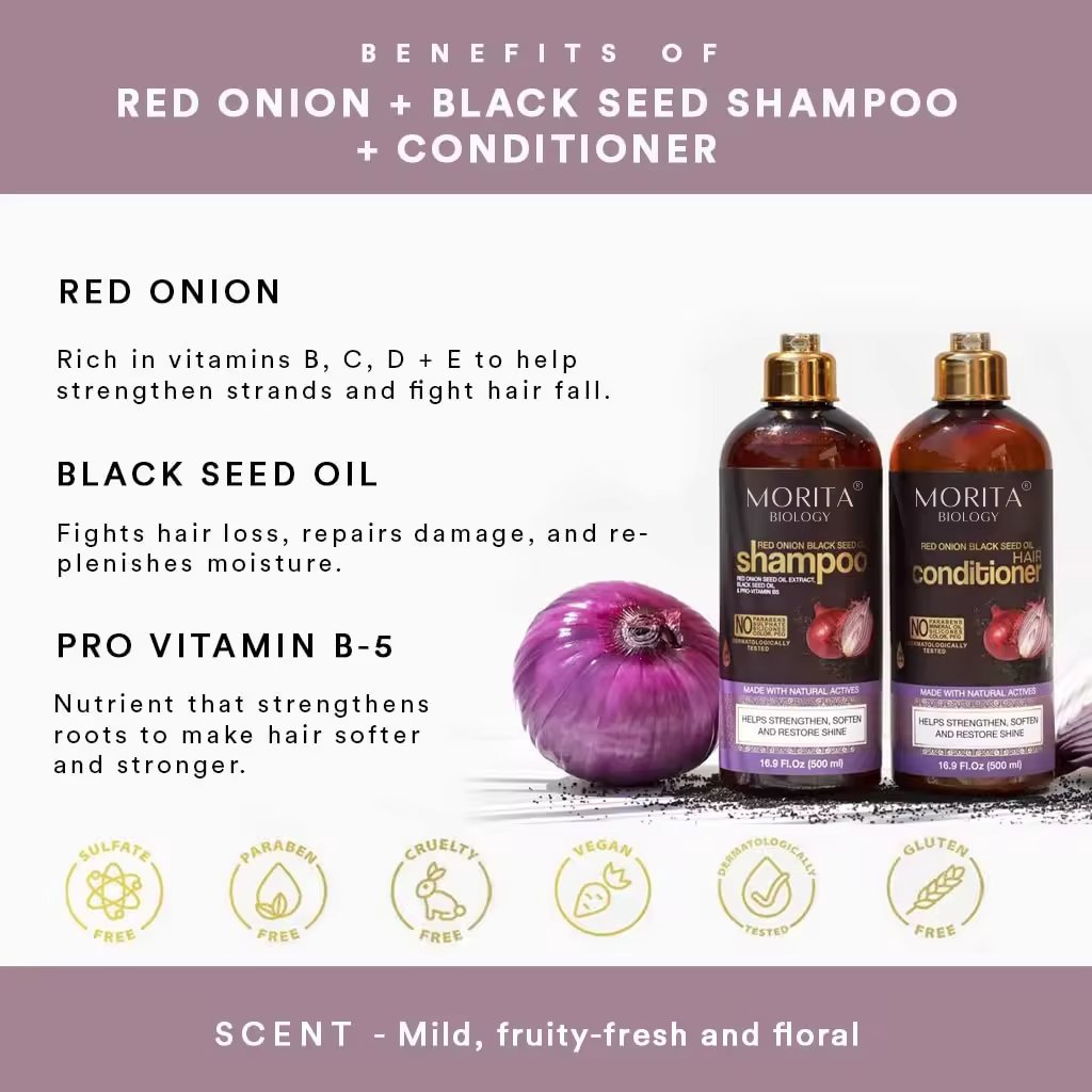 Private Label Red Onion Black Seed Oil Vegan Hydrating Paraben & Sulfate Free Shampoo and Conditioner Set reducing Itchy Scalp