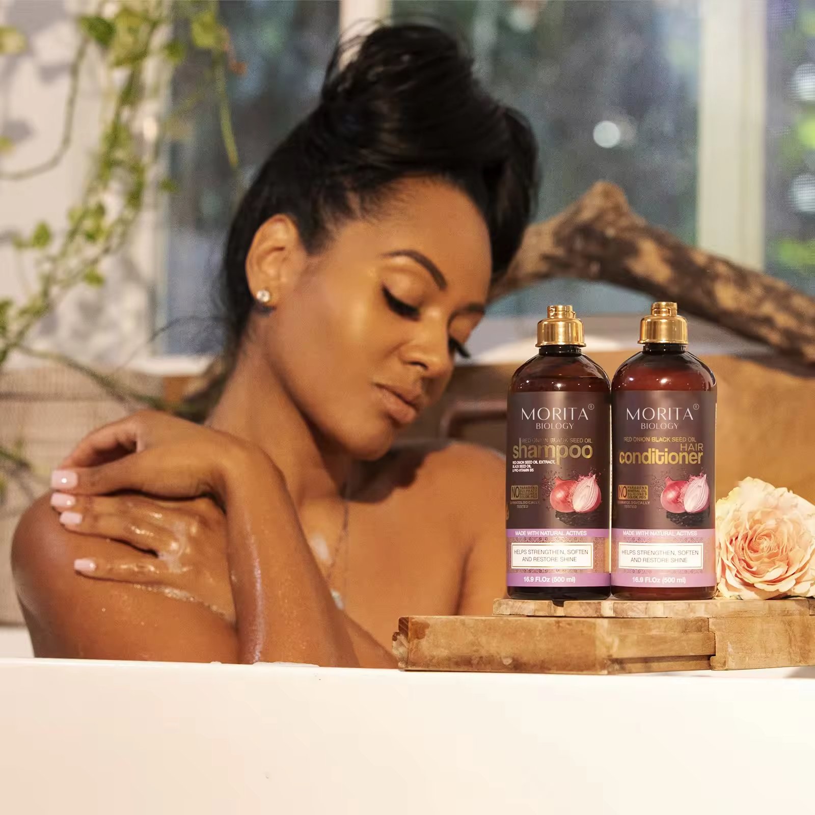 Private Label Red Onion Black Seed Oil Vegan Hydrating Paraben & Sulfate Free Shampoo and Conditioner Set reducing Itchy Scalp