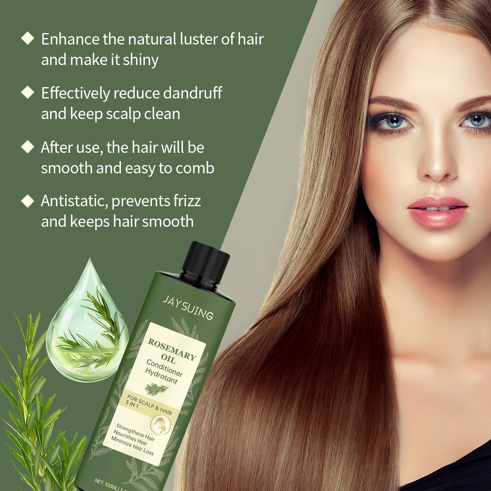 JAYSUING 3 In 1 Strengthen Hair Nourishing Anti Hair Loss Natural Rosemary Shampoo And Conditioner 100ml