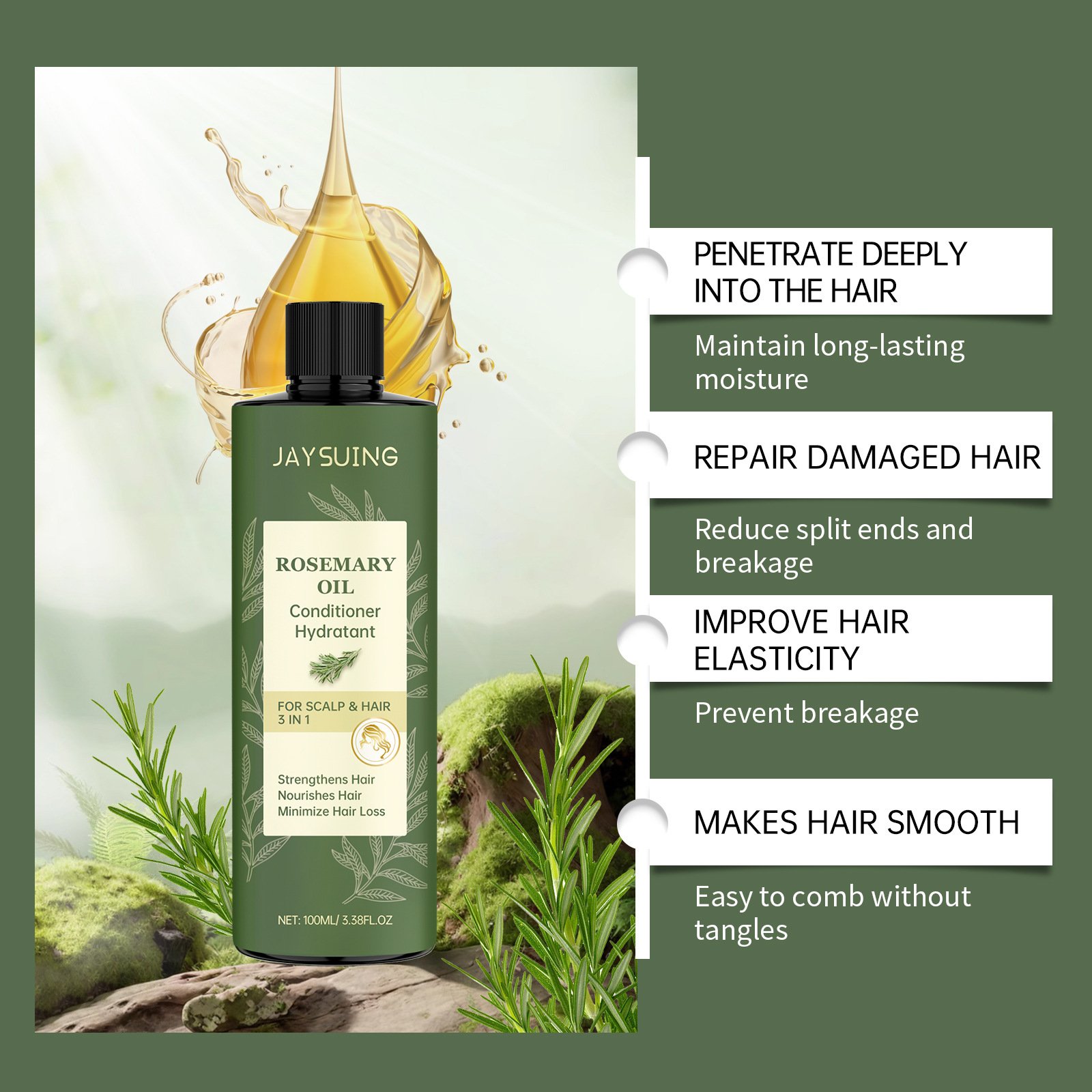JAYSUING 3 In 1 Strengthen Hair Nourishing Anti Hair Loss Natural Rosemary Shampoo And Conditioner 100ml