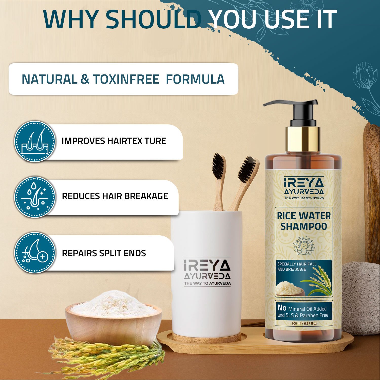 Ireya Ayurveda Organic | Rice Water Shampoo and Conditioner with Rosehip Oil Nourishing and Anti-Dandruff Gel Free Sample