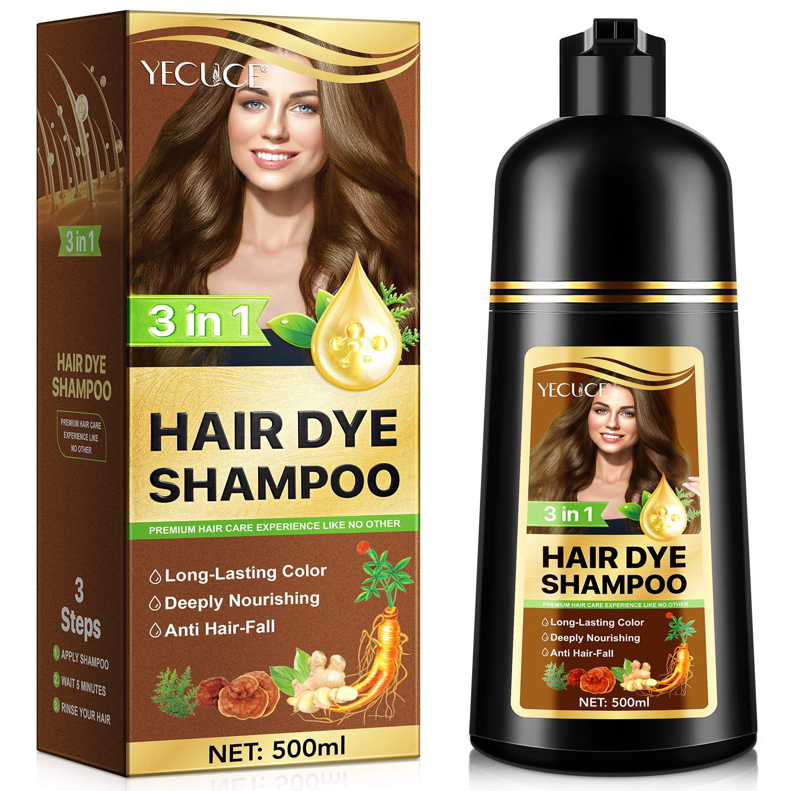 YECUCE reduce graying strengthens hair scalp shampoo hair dye color 500 ml 3 in 1 hair dye shampoo dark brown