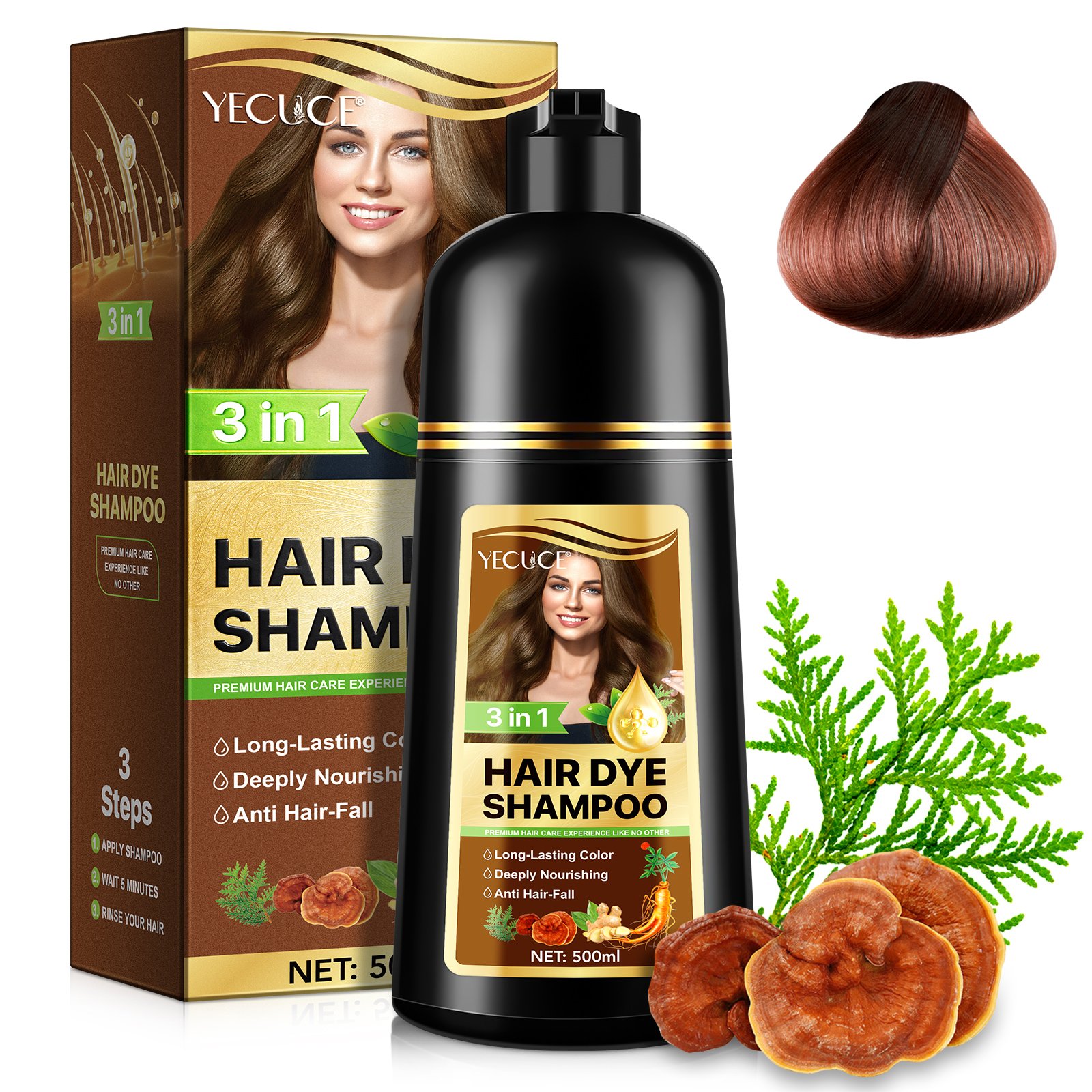 YECUCE reduce graying strengthens hair scalp shampoo hair dye color 500 ml 3 in 1 hair dye shampoo dark brown