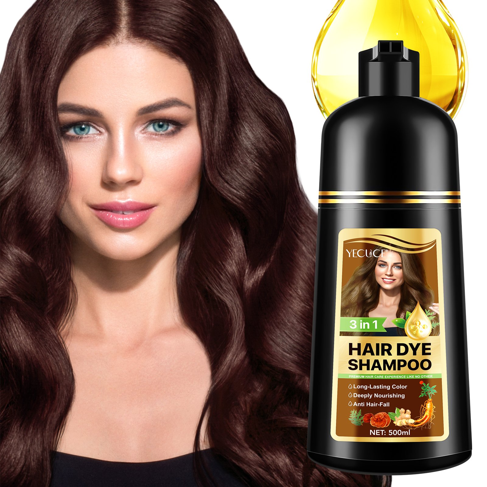 YECUCE reduce graying strengthens hair scalp shampoo hair dye color 500 ml 3 in 1 hair dye shampoo dark brown
