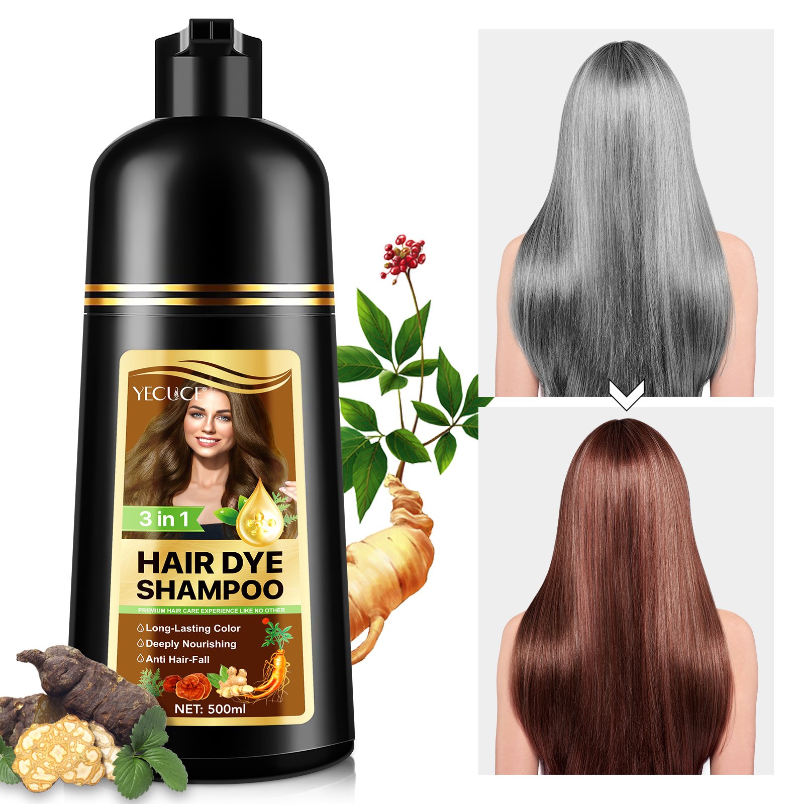YECUCE reduce graying strengthens hair scalp shampoo hair dye color 500 ml 3 in 1 hair dye shampoo dark brown