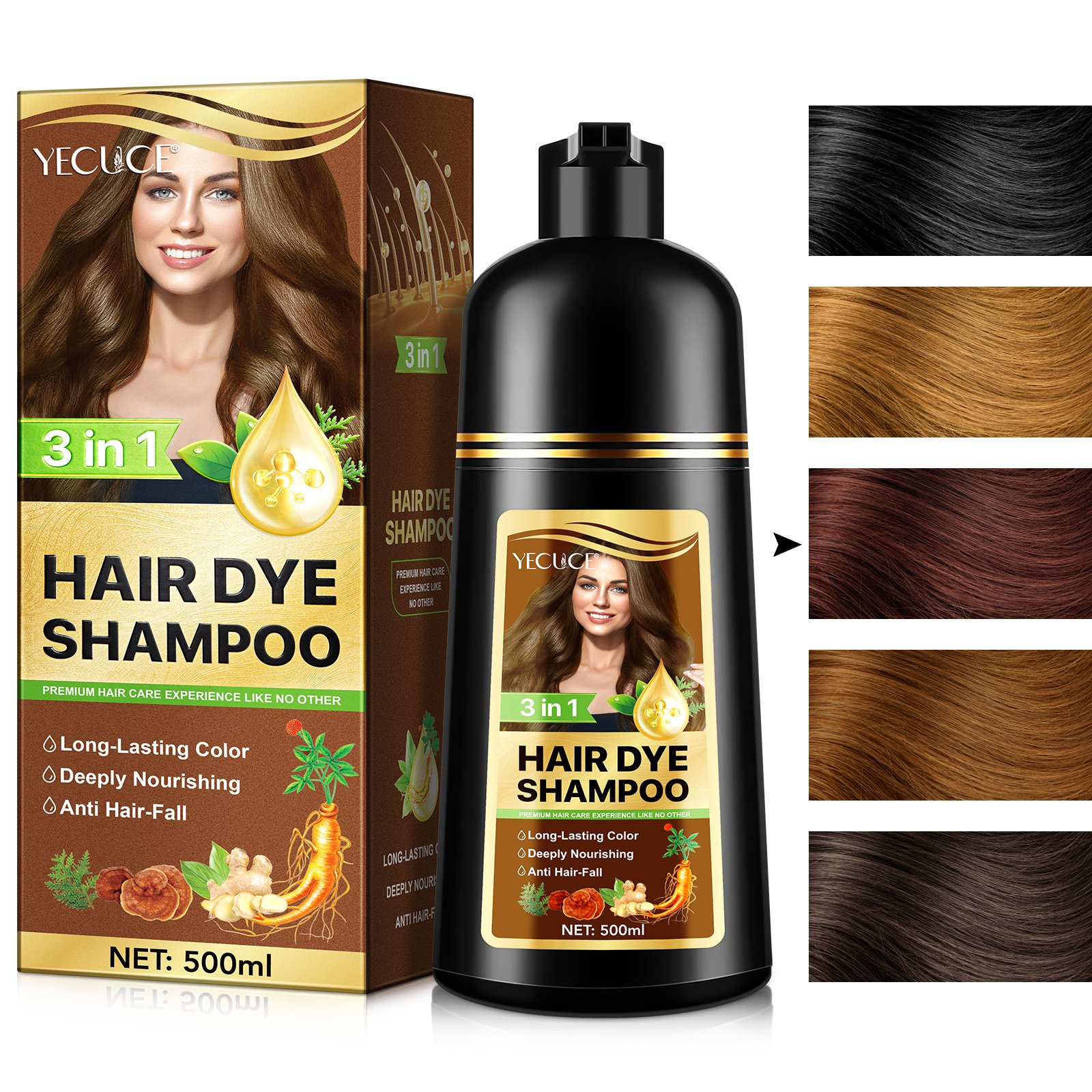YECUCE reduce graying strengthens hair scalp shampoo hair dye color 500 ml 3 in 1 hair dye shampoo dark brown
