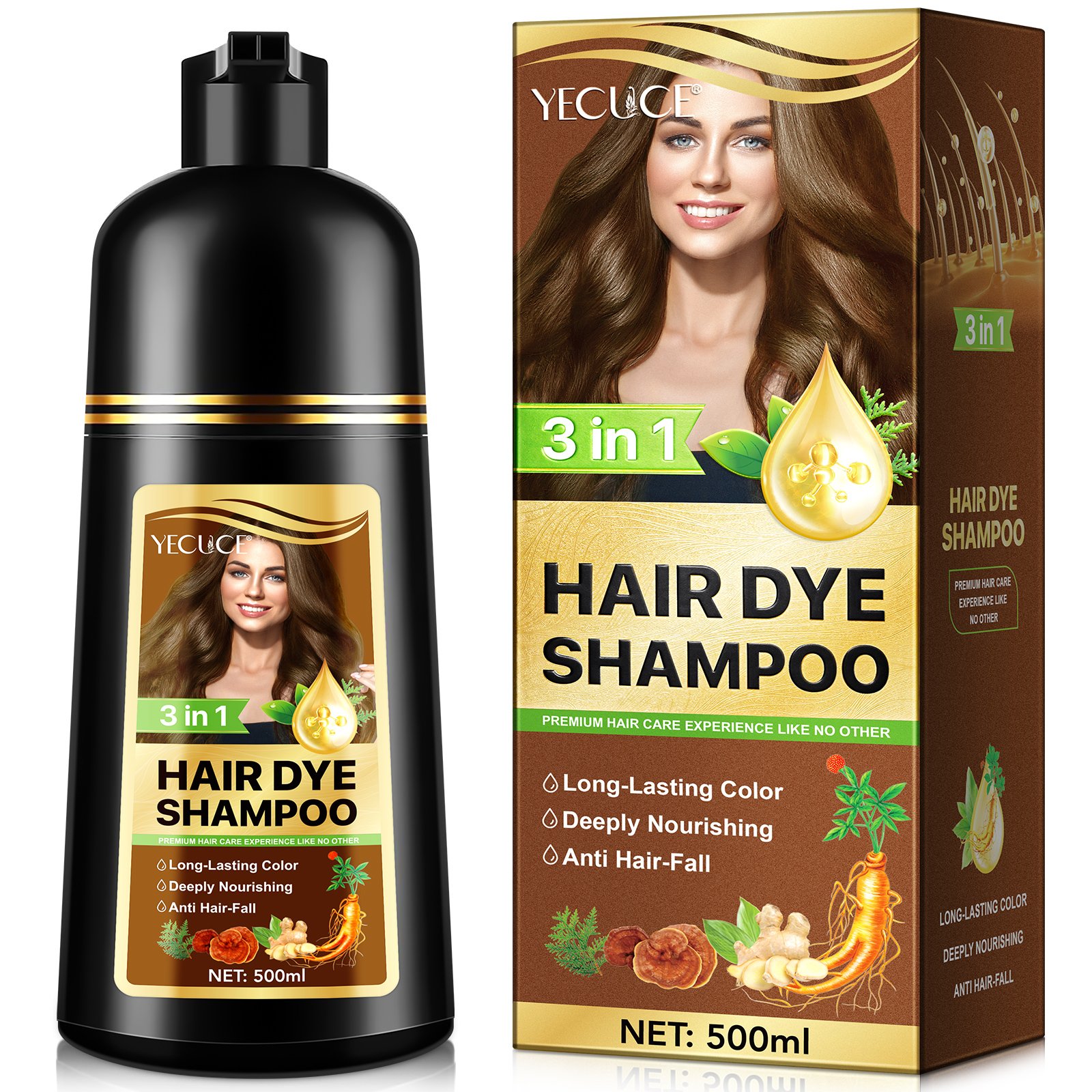 YECUCE reduce graying 500ml dark coffee ginger shampoo hair dye color anti hair loss shampoo 3 in 1 hair dye shampoo