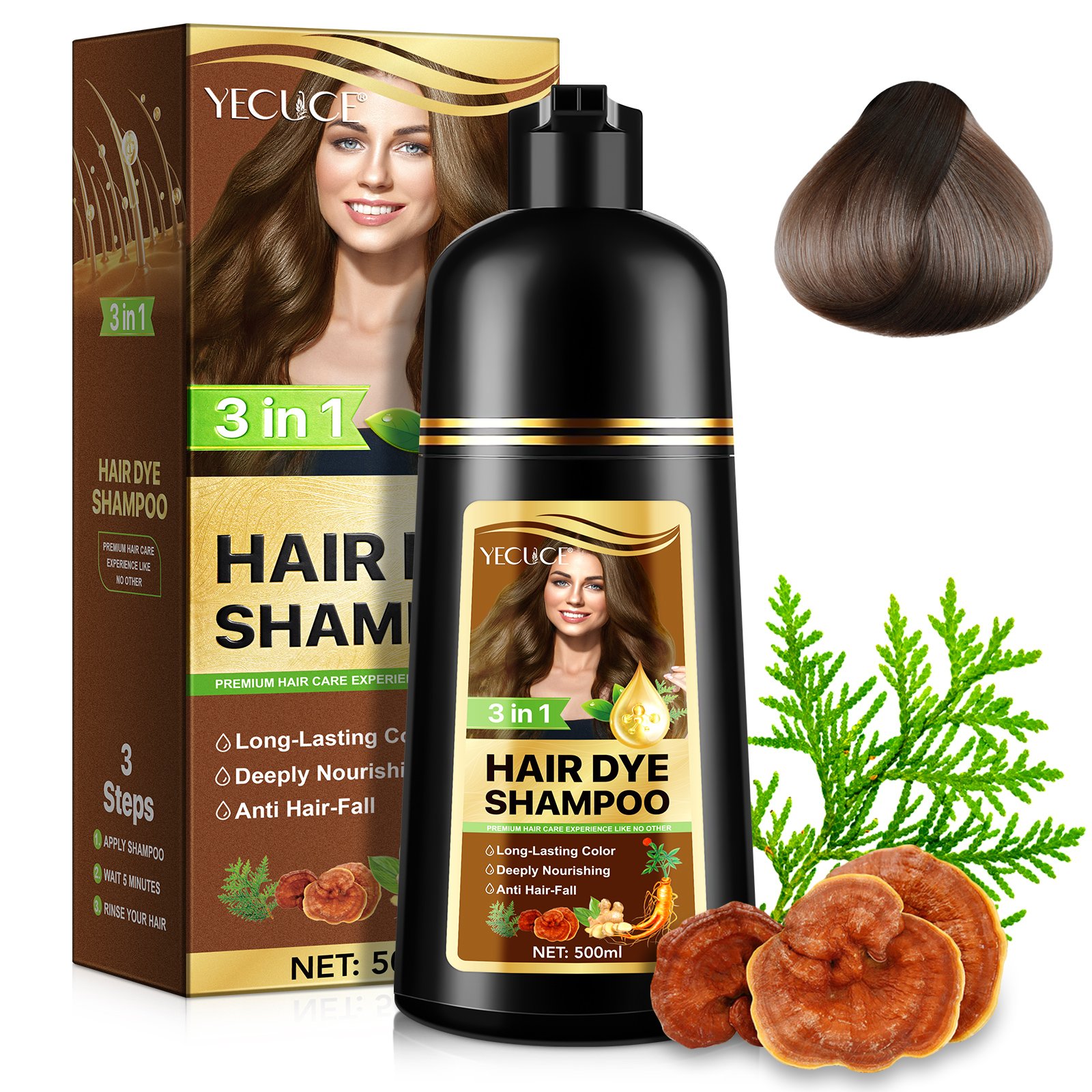 YECUCE reduce graying 500ml dark coffee ginger shampoo hair dye color anti hair loss shampoo 3 in 1 hair dye shampoo