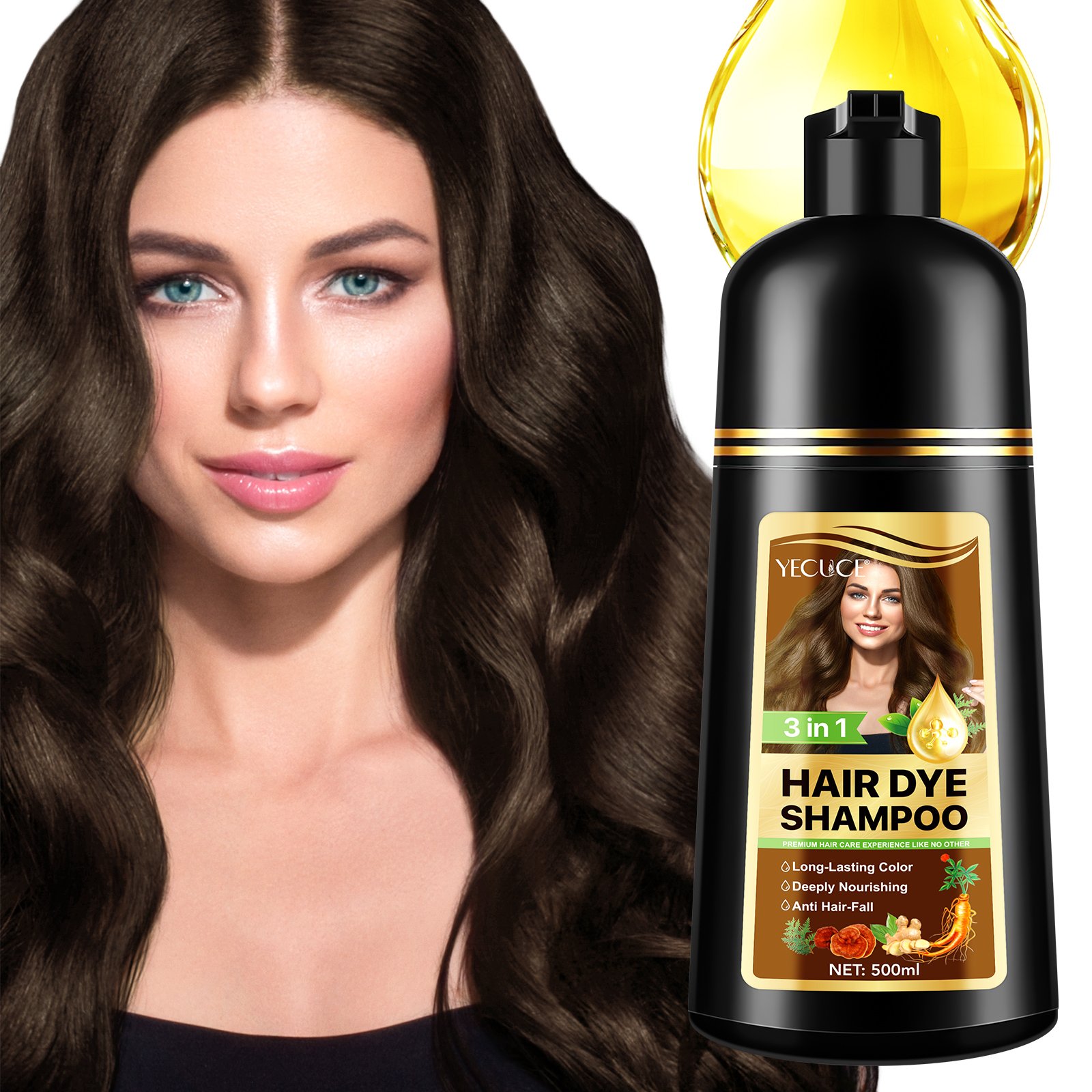 YECUCE reduce graying 500ml dark coffee ginger shampoo hair dye color anti hair loss shampoo 3 in 1 hair dye shampoo