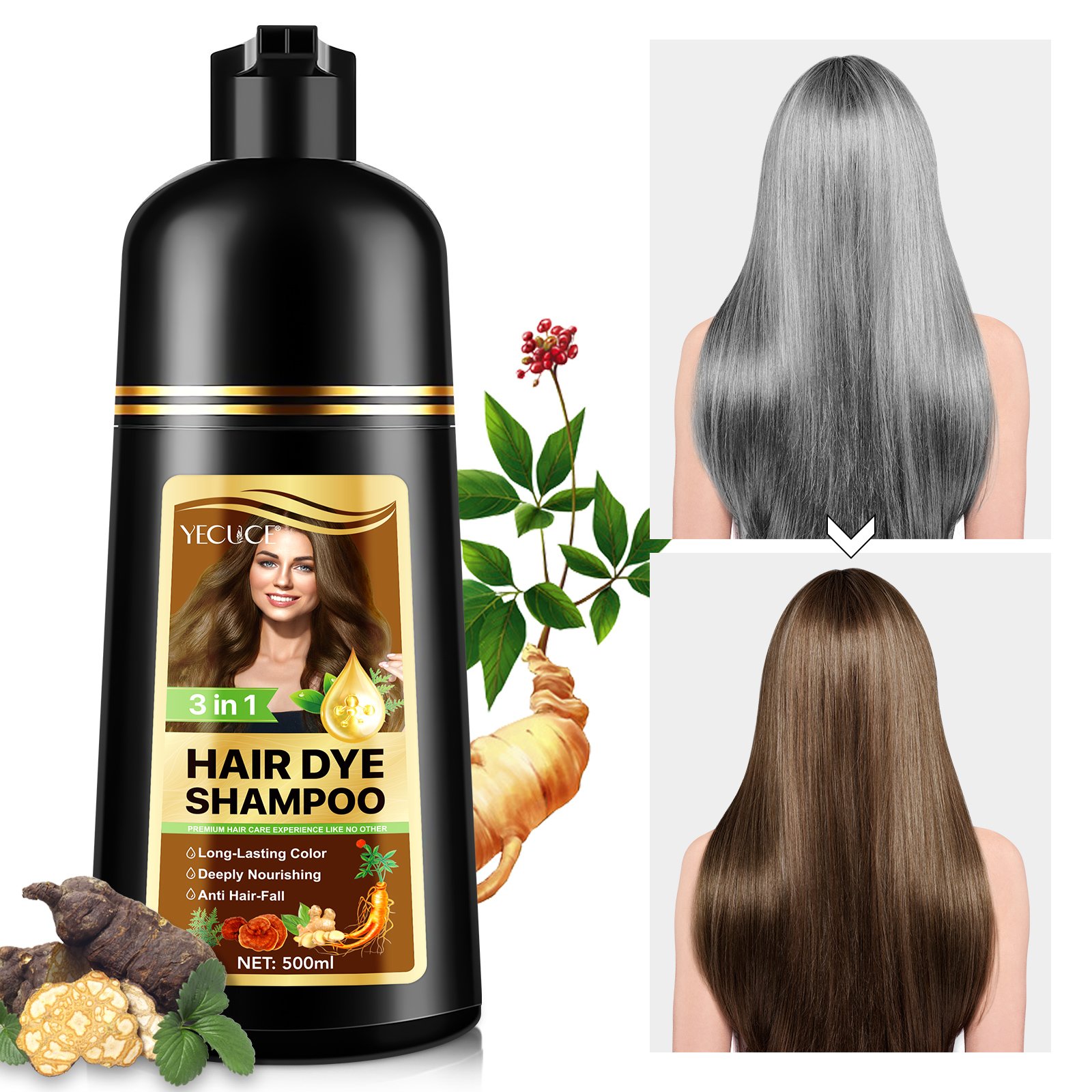 YECUCE reduce graying 500ml dark coffee ginger shampoo hair dye color anti hair loss shampoo 3 in 1 hair dye shampoo