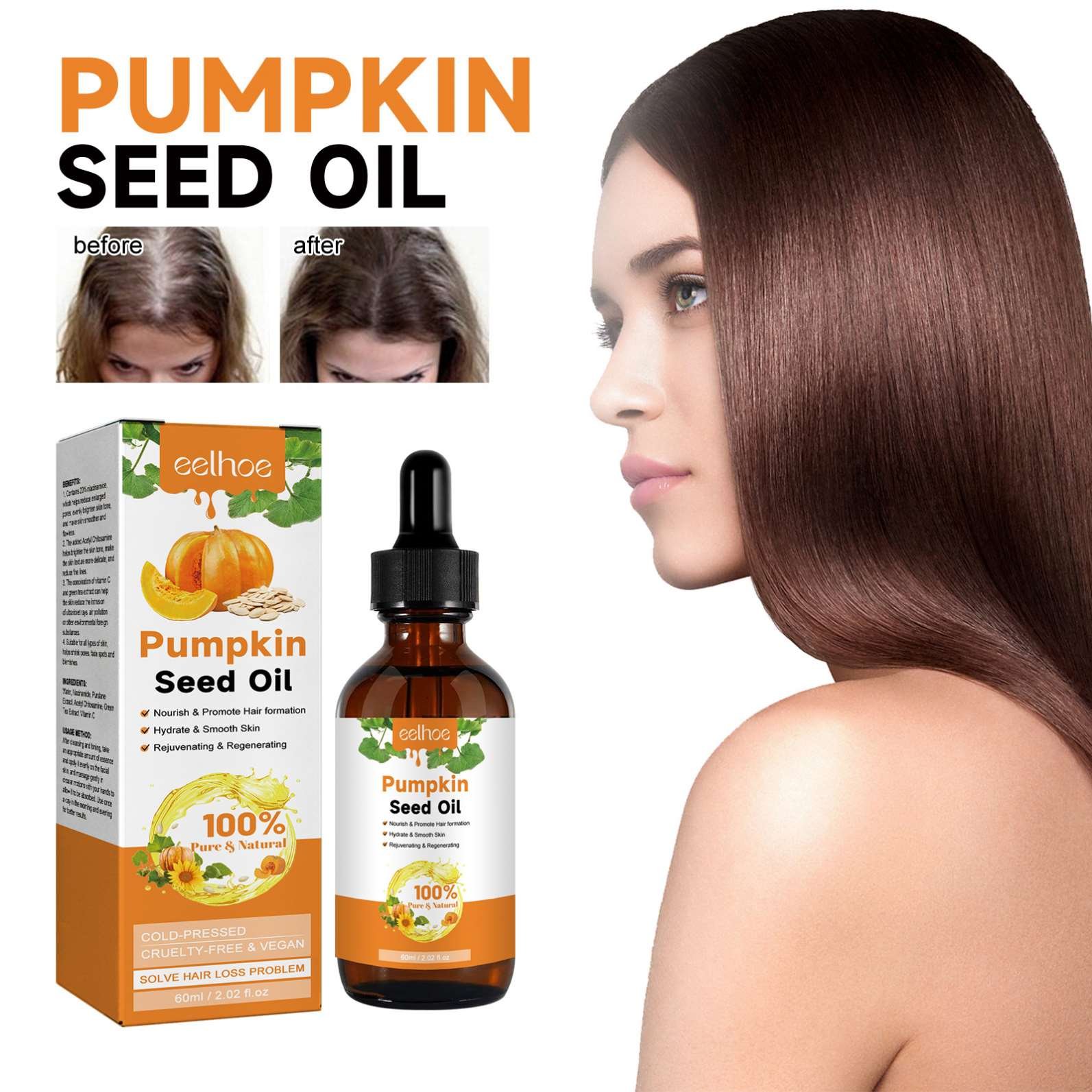 EELHOE Wholesale Private Label Hot Sale 60Ml Pumpkin Seed Oil Hair Regrowth Serum Thickening Organic Herbal Hair Regrowth Tonics