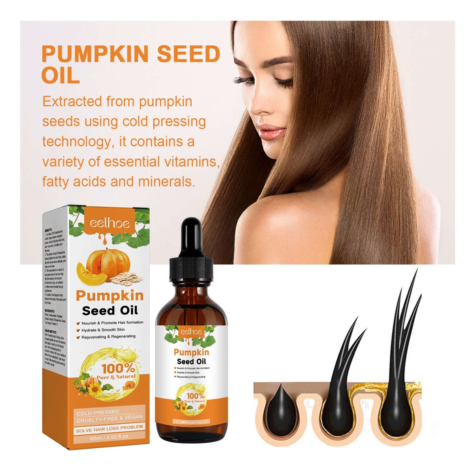 EELHOE Wholesale Private Label Hot Sale 60Ml Pumpkin Seed Oil Hair Regrowth Serum Thickening Organic Herbal Hair Regrowth Tonics