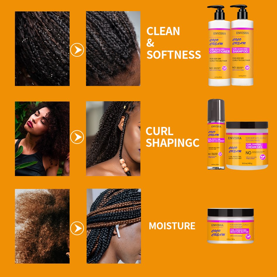 Organic Herbal Dry Fizzy Braiding Hair Edge Control Gel Natural Coconut Oil Shampoo And Conditioner Gift Set