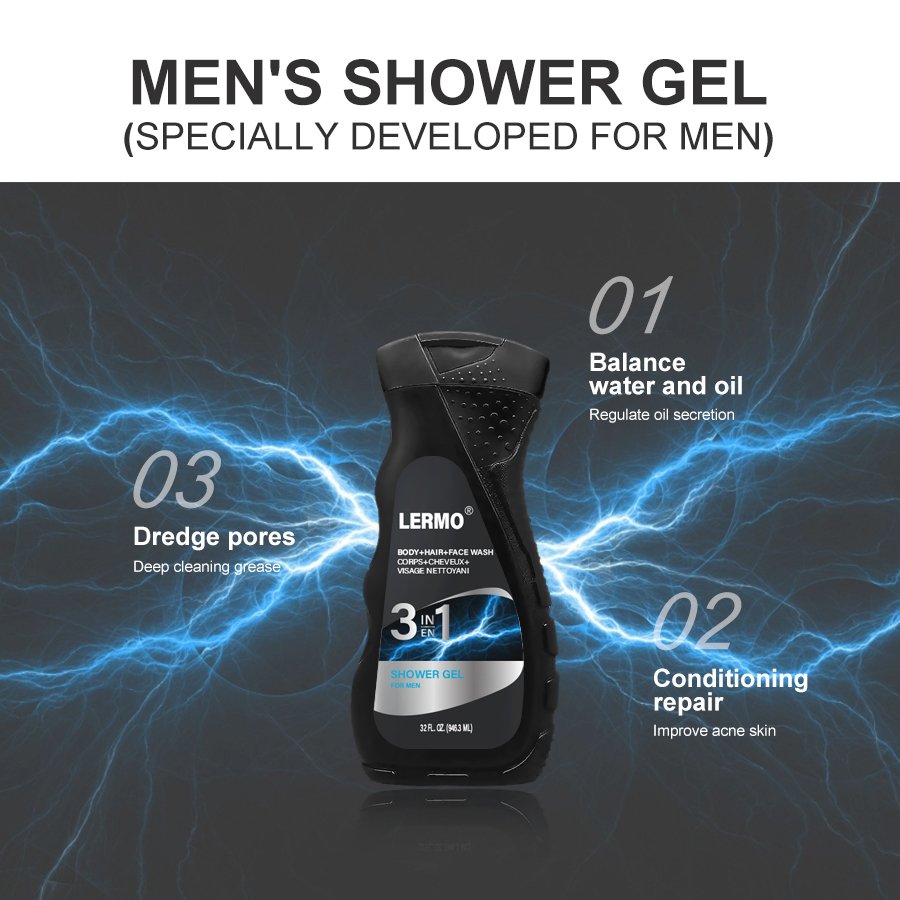 LERMO Factory Private Label Body Hair Face Wash shampoo 3 in 1 Shampoo and shower gel for men 950ML
