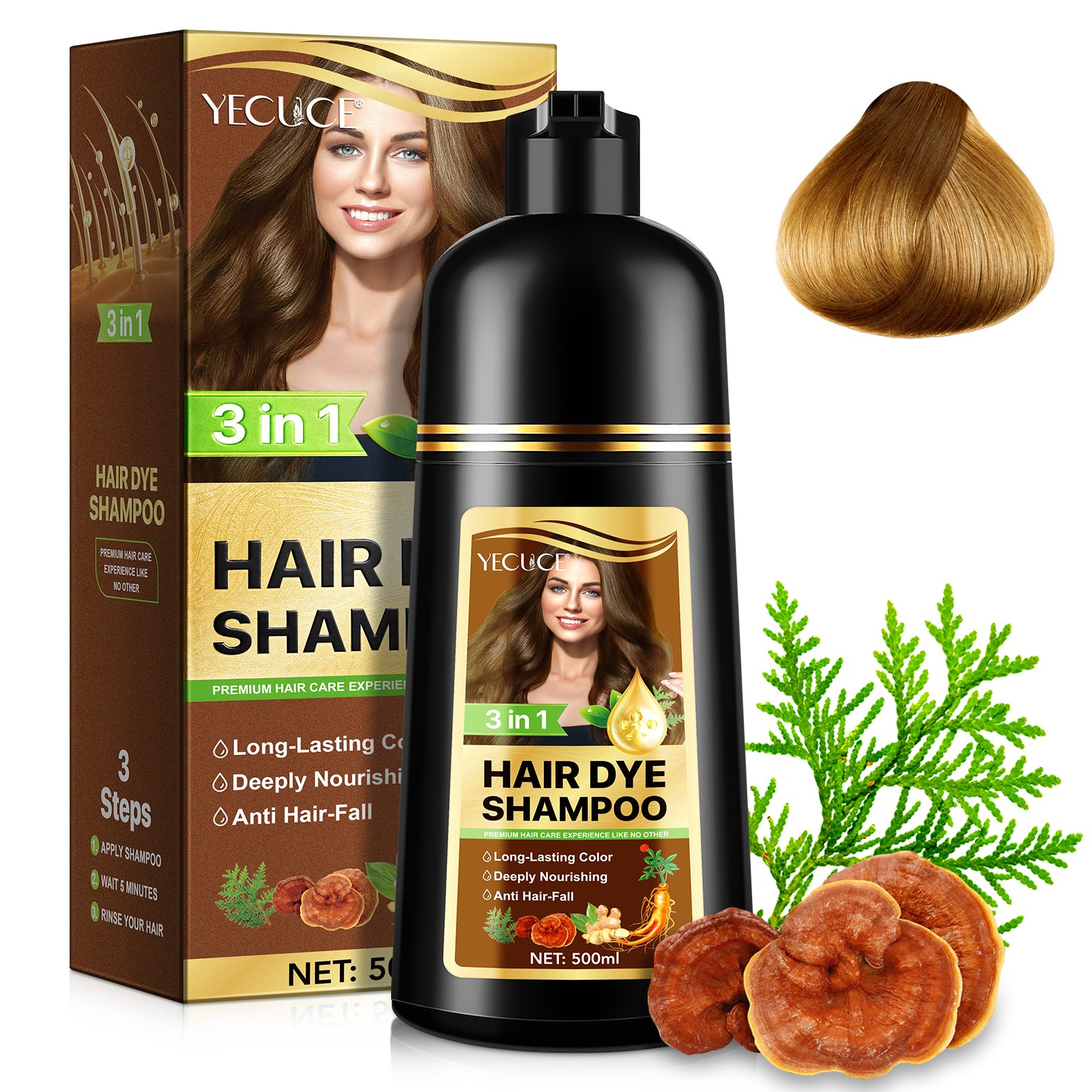 YECUCE deeply nourishes maintain hair follicle health brown shampoo dye hair color 500 ml ginseng ginger hair dye shampoo 3 in 1
