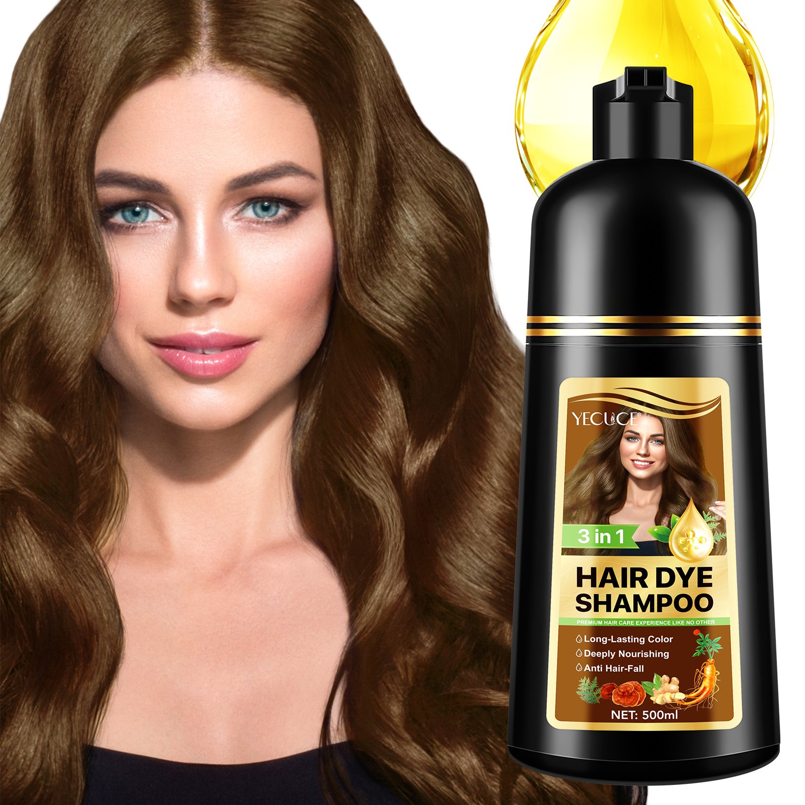 YECUCE deeply nourishes maintain hair follicle health brown shampoo dye hair color 500 ml ginseng ginger hair dye shampoo 3 in 1