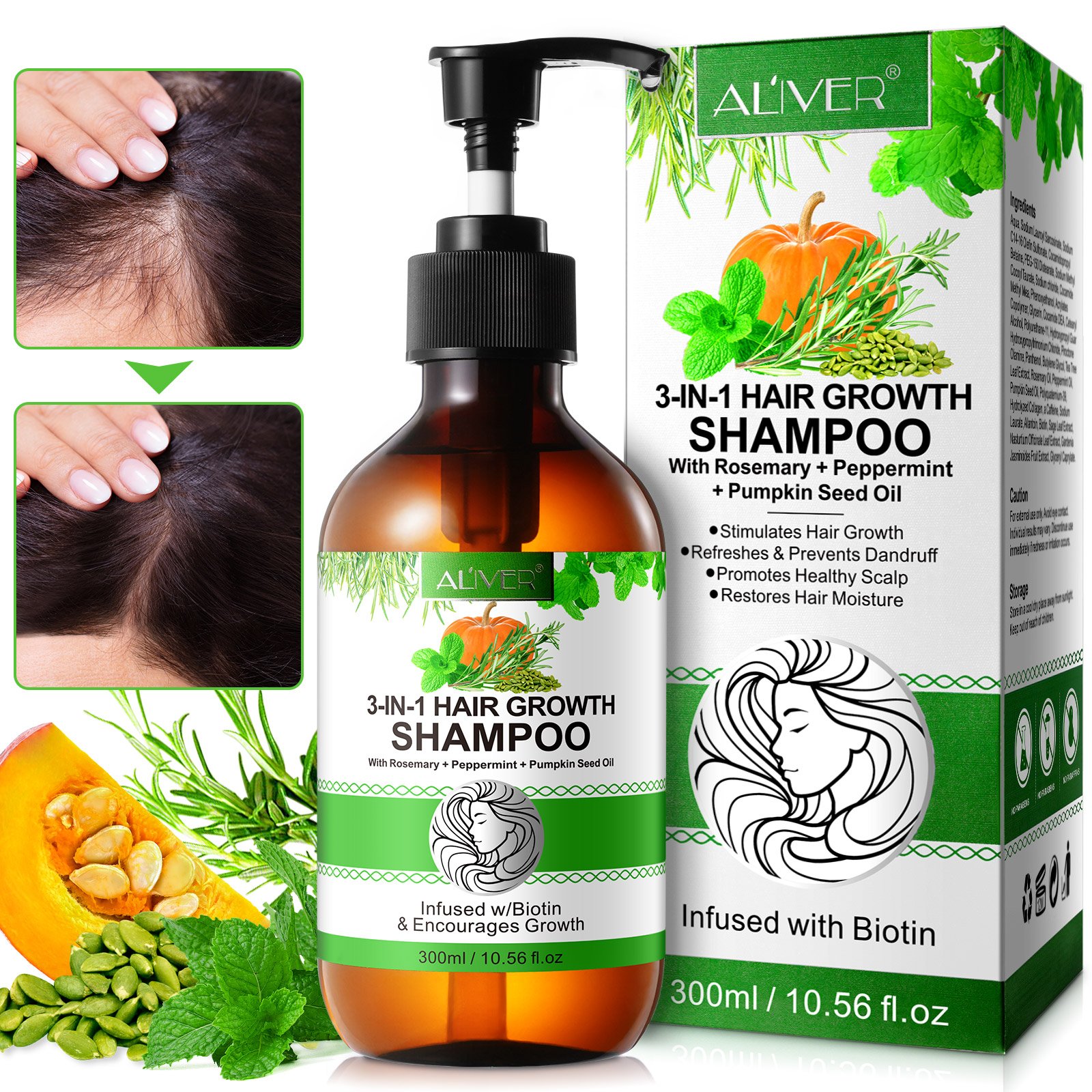 ALIVER private label prevents dandruff alleviates dry biotin hair peppermint rosemary pumpkin seed oil shampoo for hair