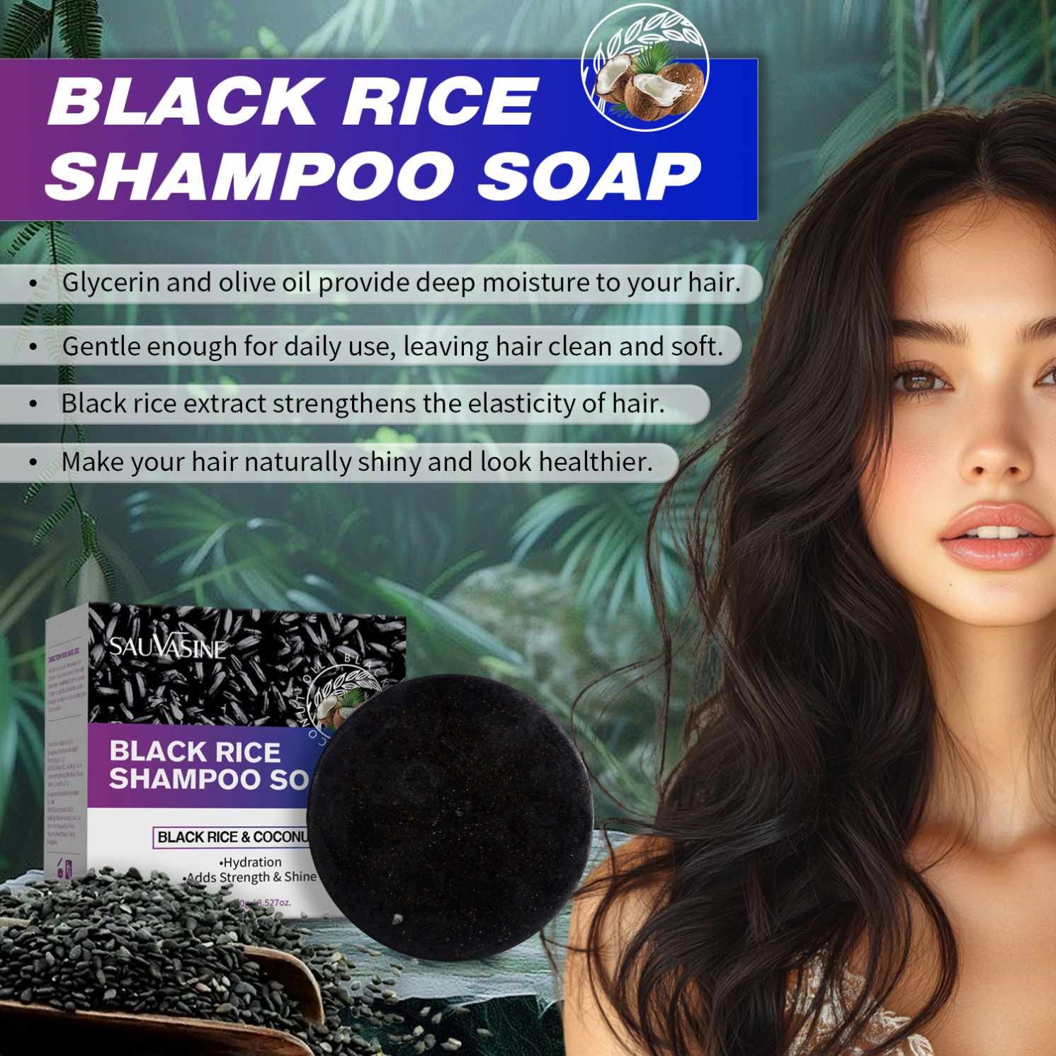 SAUVASINE NEW Wholesale OEM Black Rice Shampoo Bar Soap For Hair Thickens & Strengthens Penetrates Root To Tip Revitalizes Hair