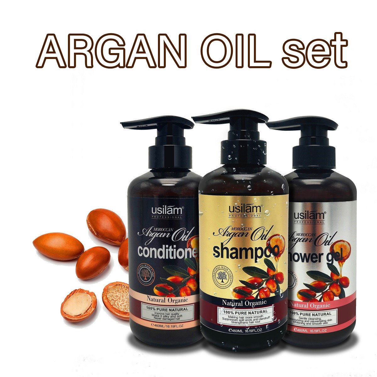 private label lowest price custom logo organic morocco argan hair oil shampoo and conditioner body shower gel suit