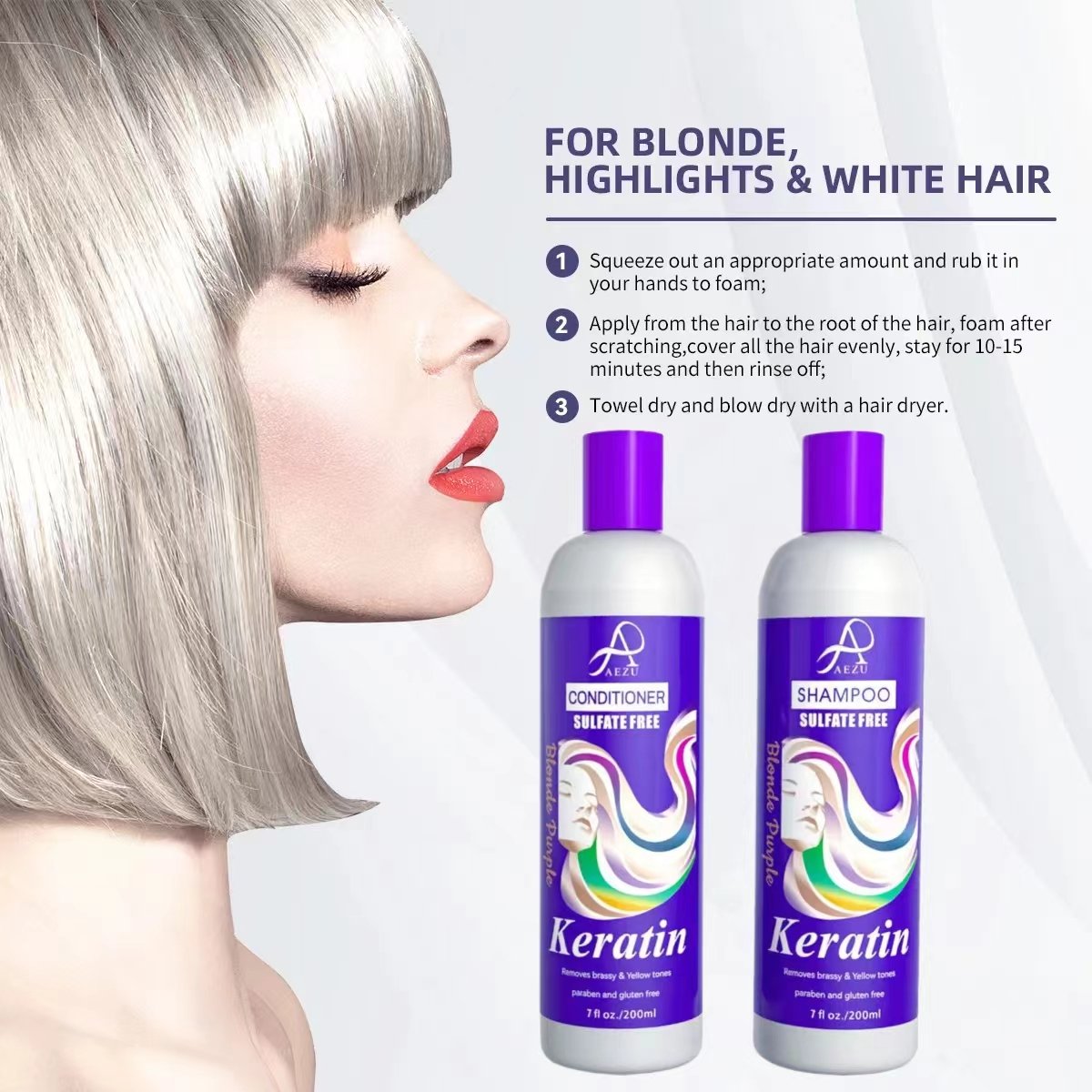 AEZU Natural formula purple shampoo Removes yellow Sulfate free Keratin protects hair silver shampoo