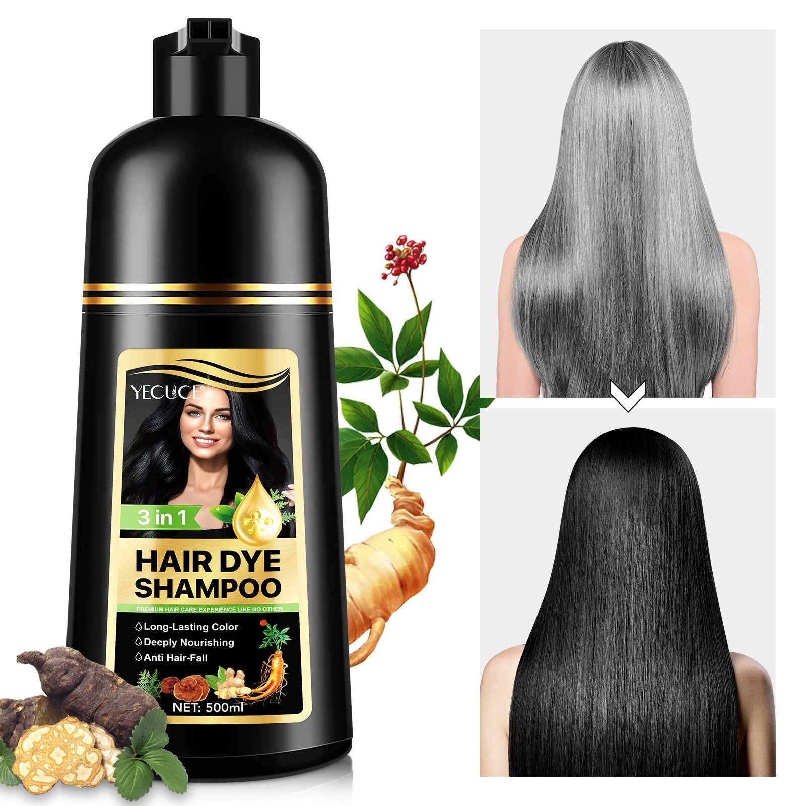 YECUCE deeply nourishes preventing hair loss shampoo hair dye color 500 ml ginseng 3 in 1 black hair dye shampoo