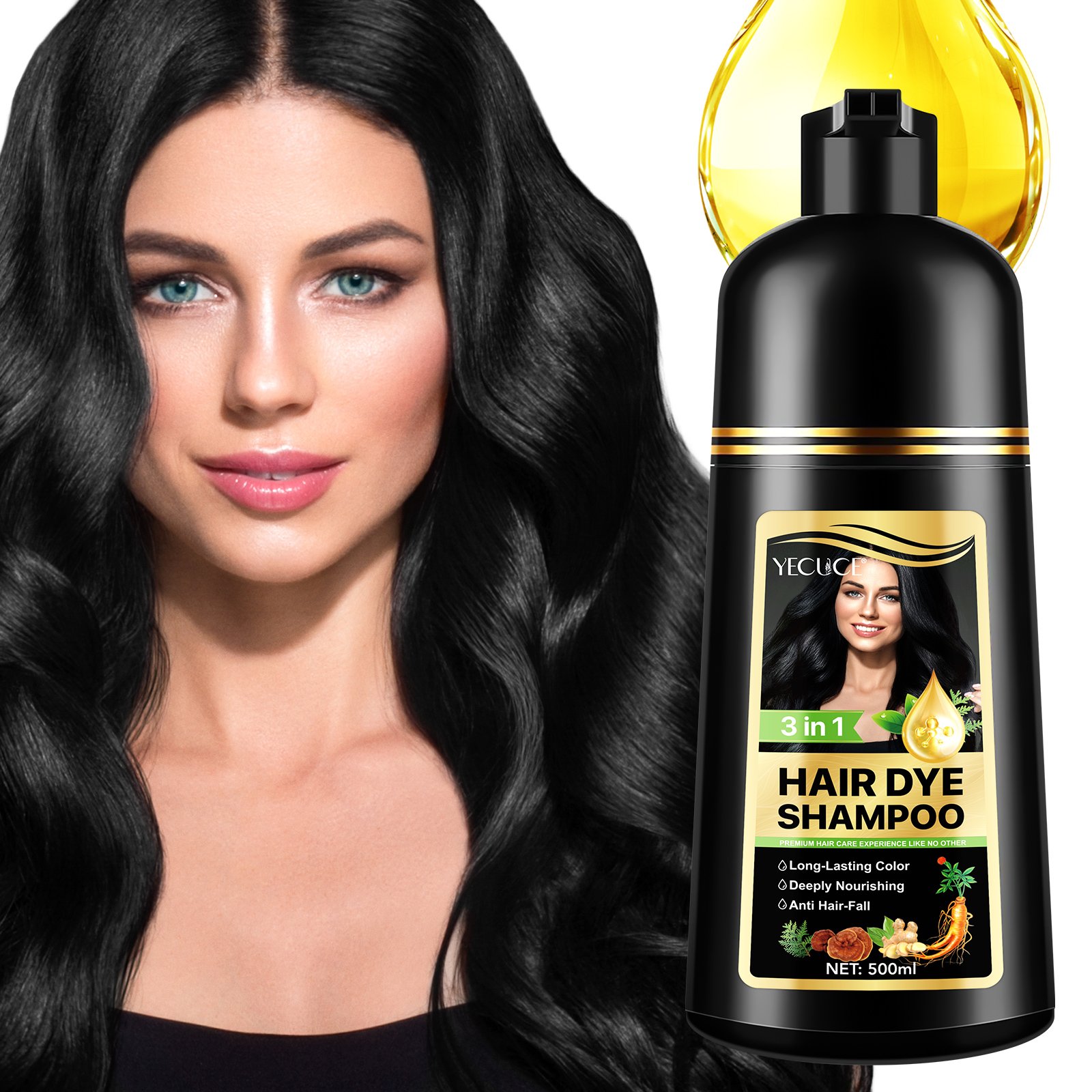 YECUCE deeply nourishes preventing hair loss shampoo hair dye color 500 ml ginseng 3 in 1 black hair dye shampoo