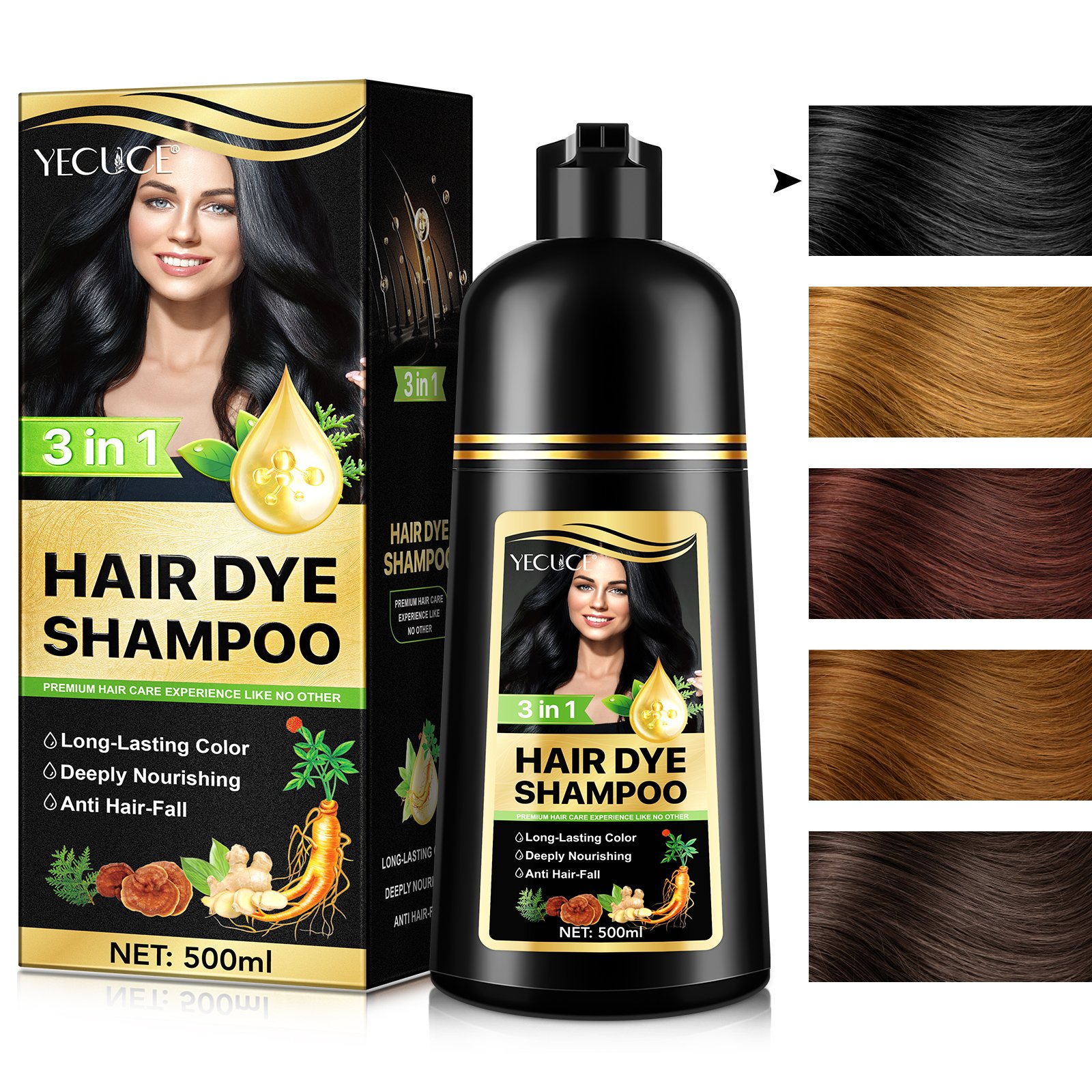 YECUCE deeply nourishes preventing hair loss shampoo hair dye color 500 ml ginseng 3 in 1 black hair dye shampoo