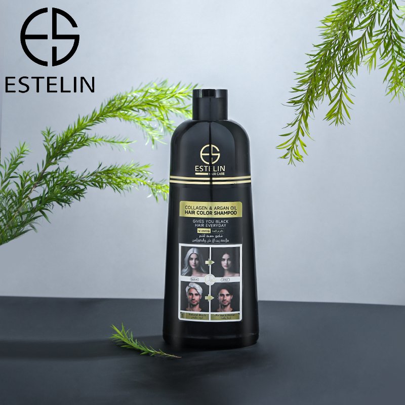ESTELIN Fast Hair Dye Natural Black Collagen Argan Oil Hair Color Shampoo 400ml