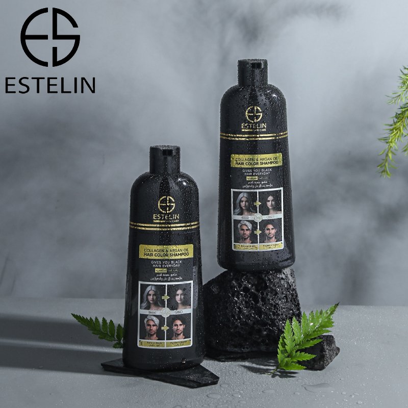 ESTELIN Fast Hair Dye Natural Black Collagen Argan Oil Hair Color Shampoo 400ml