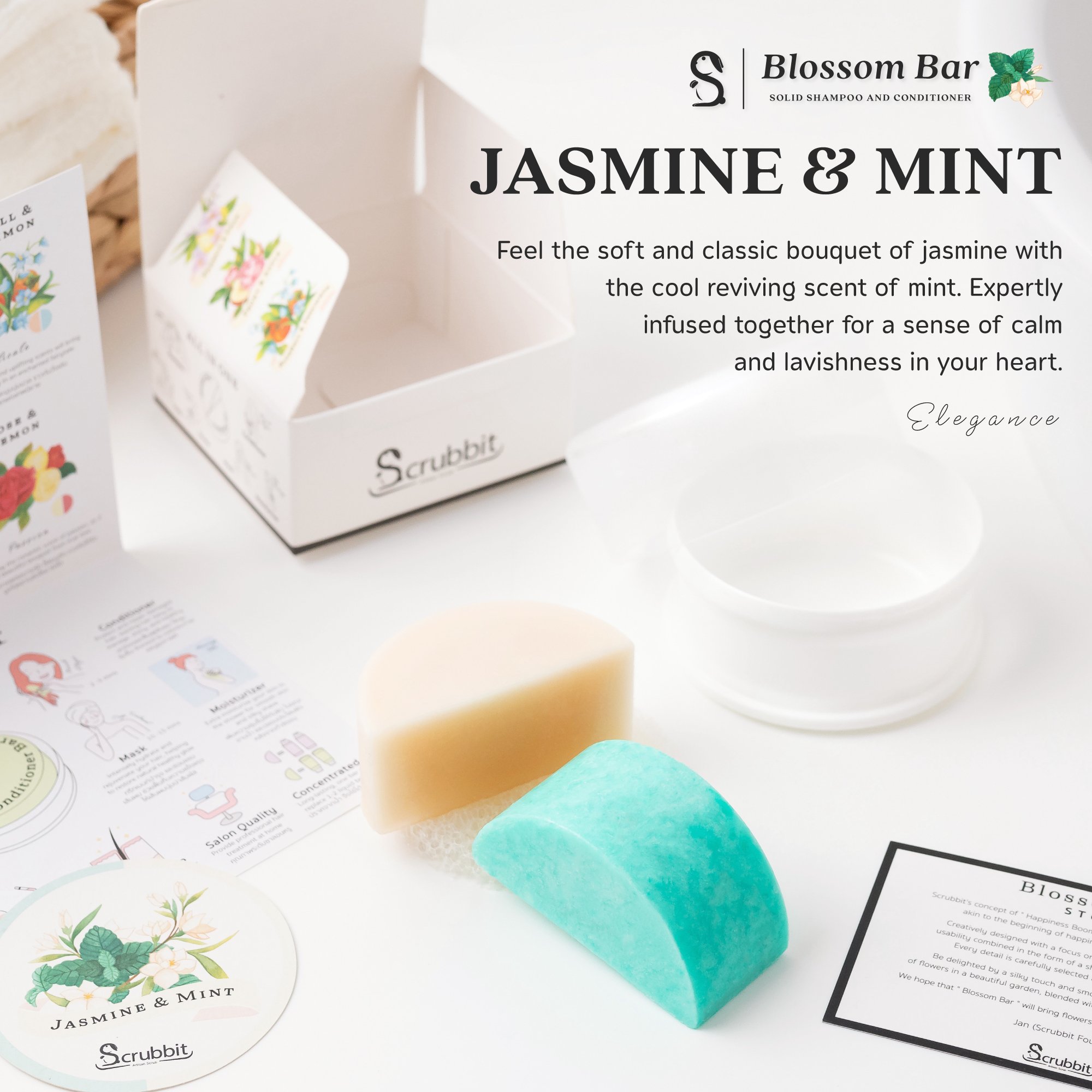 Vegan Eco-Friendly Hair Care Bar Jasmine Mint Scent Shampoo Conditioner Moisturizing Smoothing Thailand Amino Acid Fluffy Design