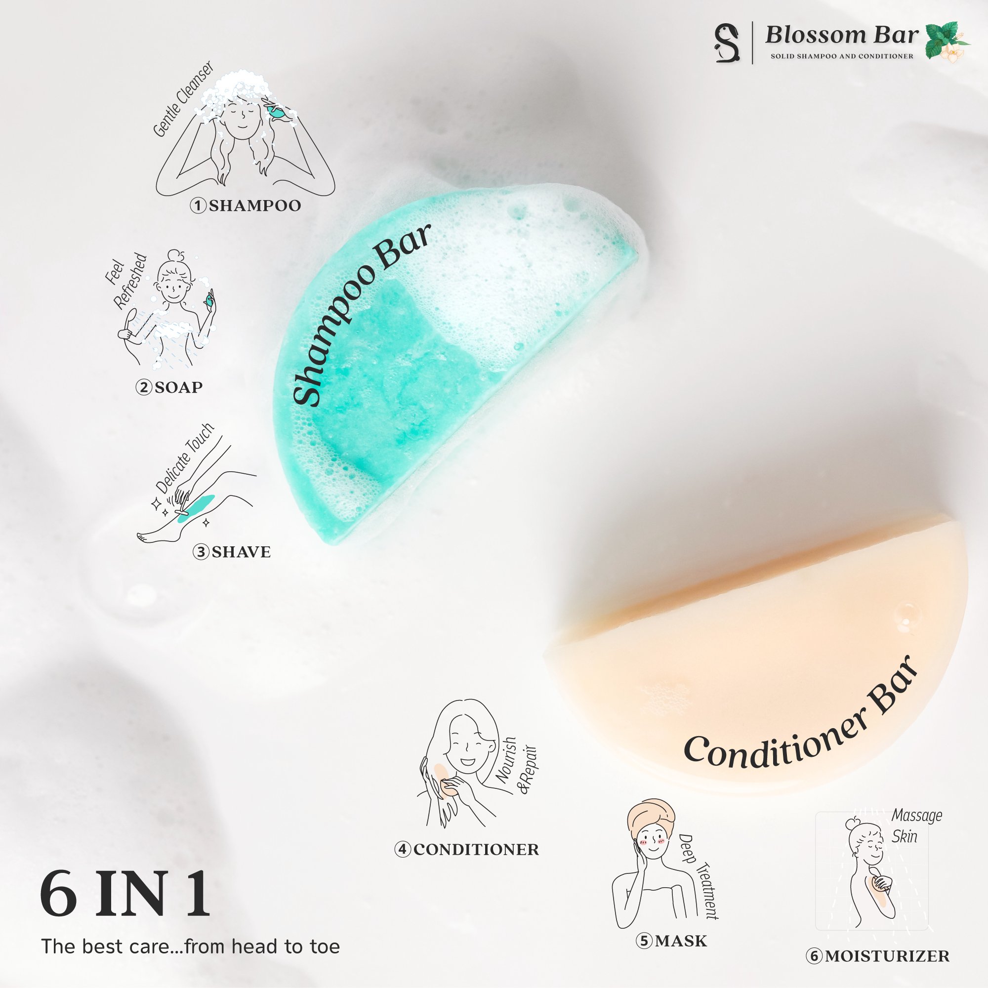 Vegan Eco-Friendly Hair Care Bar Jasmine Mint Scent Shampoo Conditioner Moisturizing Smoothing Thailand Amino Acid Fluffy Design