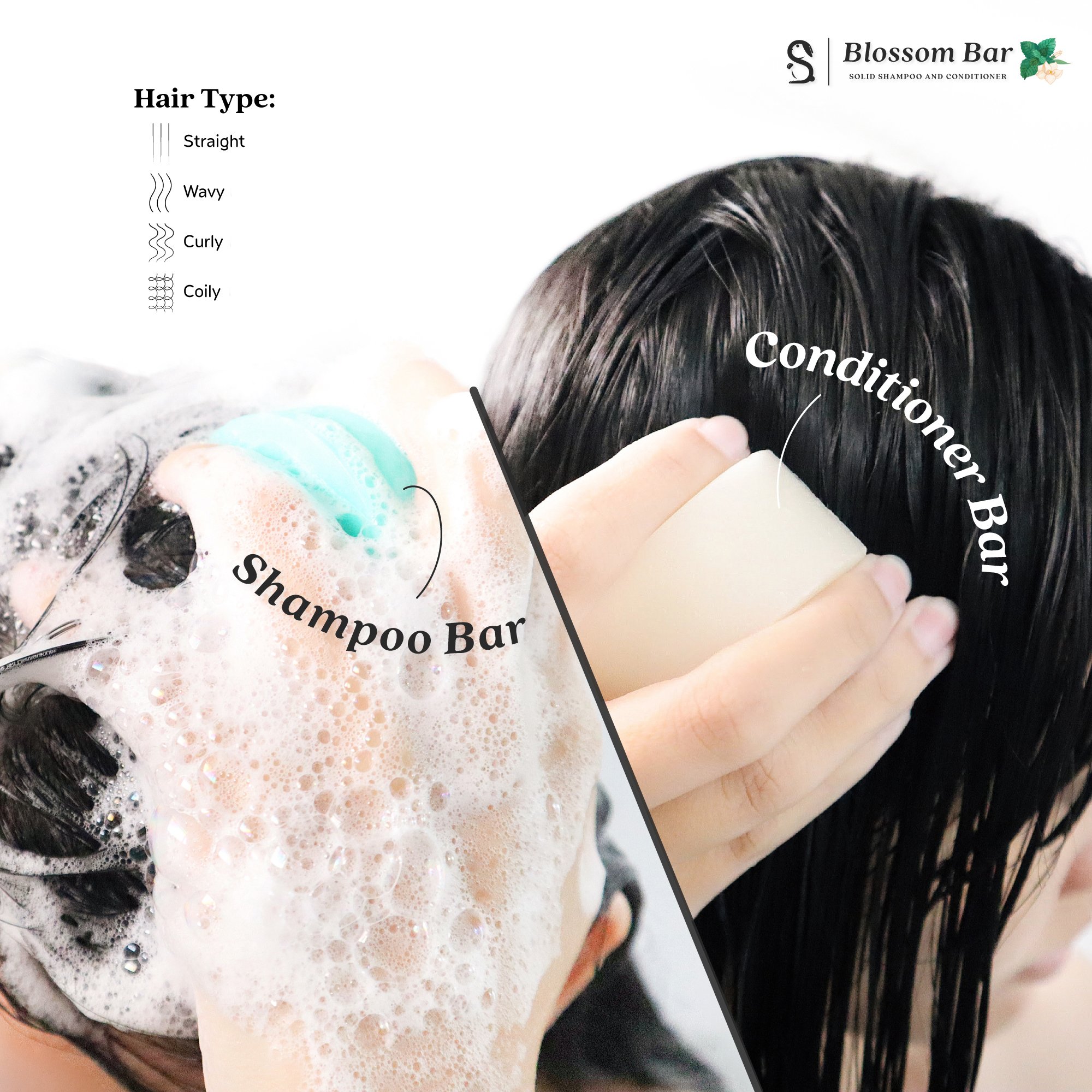 Vegan Eco-Friendly Hair Care Bar Jasmine Mint Scent Shampoo Conditioner Moisturizing Smoothing Thailand Amino Acid Fluffy Design