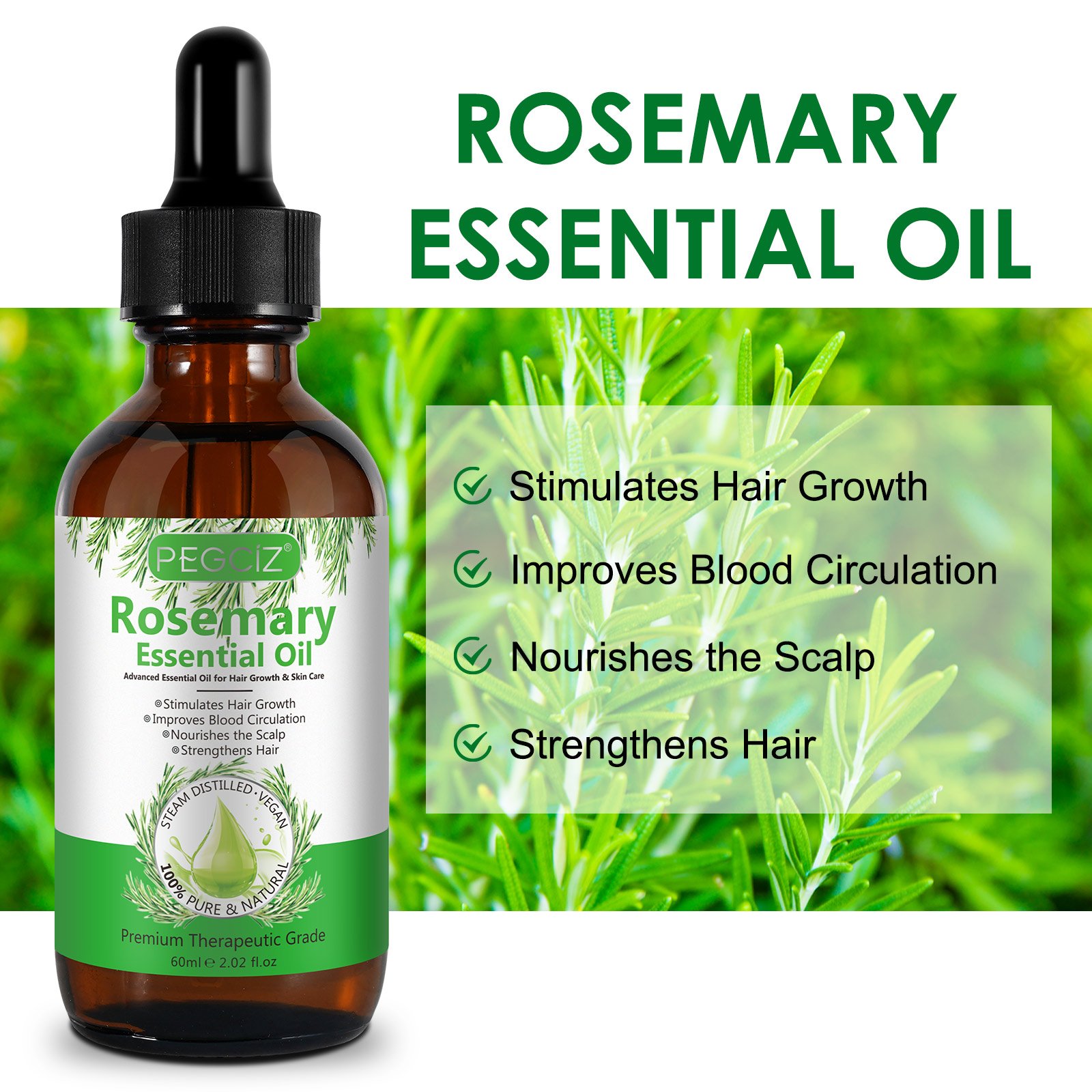 PEGCIZ 60ml Natural Herbal Rosemary Essential Oil Nourishing Hair Growth Private Label Pure Rosemary Oil For Hair Growth