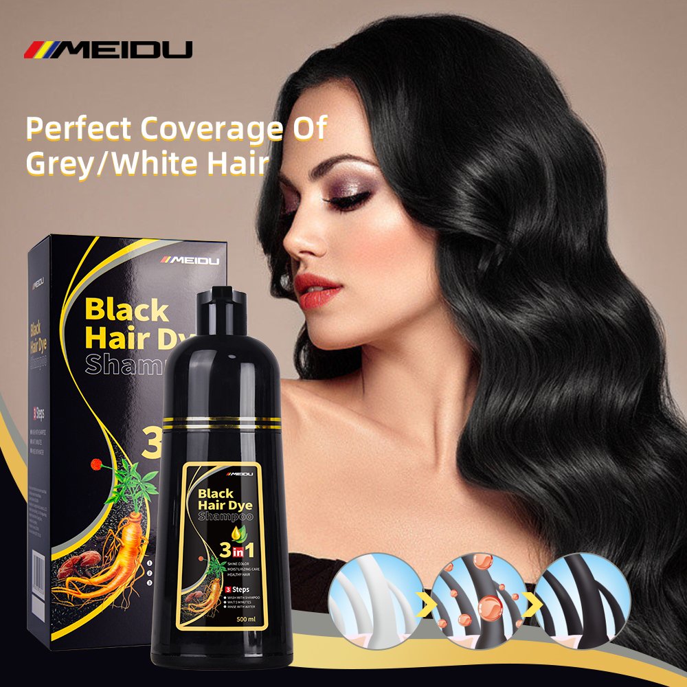 private label dyeing products meidu black hair dye shampoo 3 in 1 natural herbal permanent hair colorant hair dye shampoo
